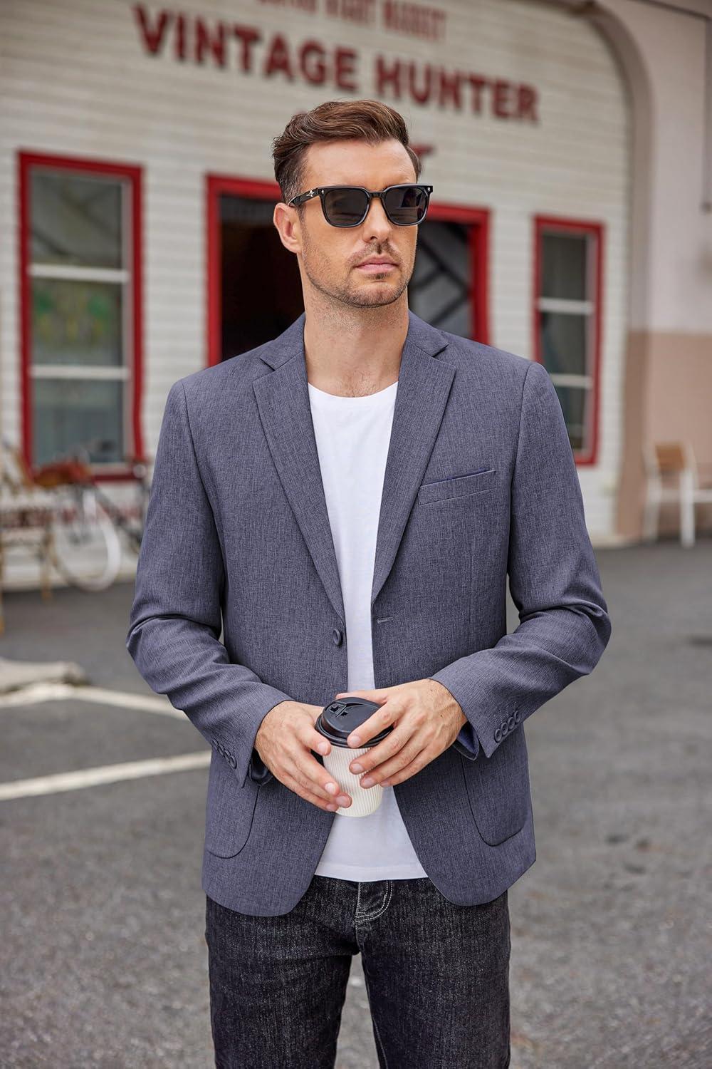 imageCOOFANDY Mens Casual Blazer Two Button Sport Coats Lightweight Printed Lining Suit JacketBlue