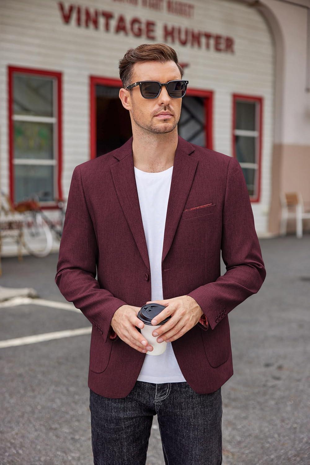 imageCOOFANDY Mens Casual Blazer Two Button Sport Coats Lightweight Printed Lining Suit JacketDark Red