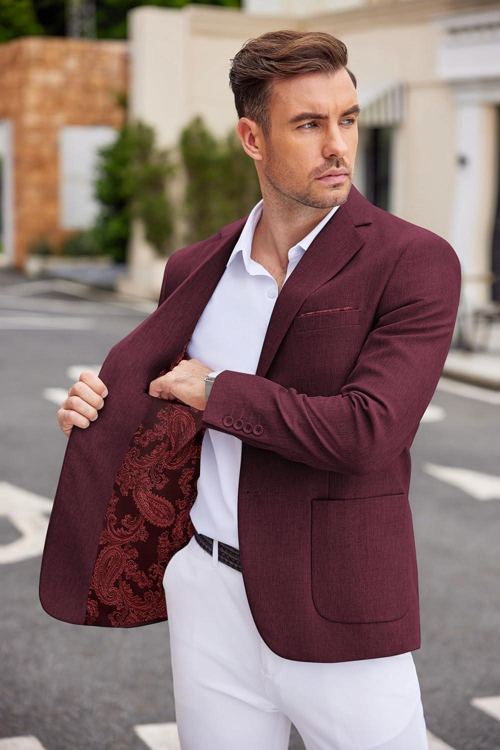 imageCOOFANDY Mens Casual Blazer Two Button Sport Coats Lightweight Printed Lining Suit JacketDark Red