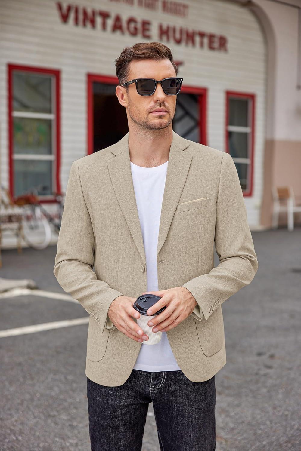 imageCOOFANDY Mens Casual Blazer Two Button Sport Coats Lightweight Printed Lining Suit JacketLight Khaki