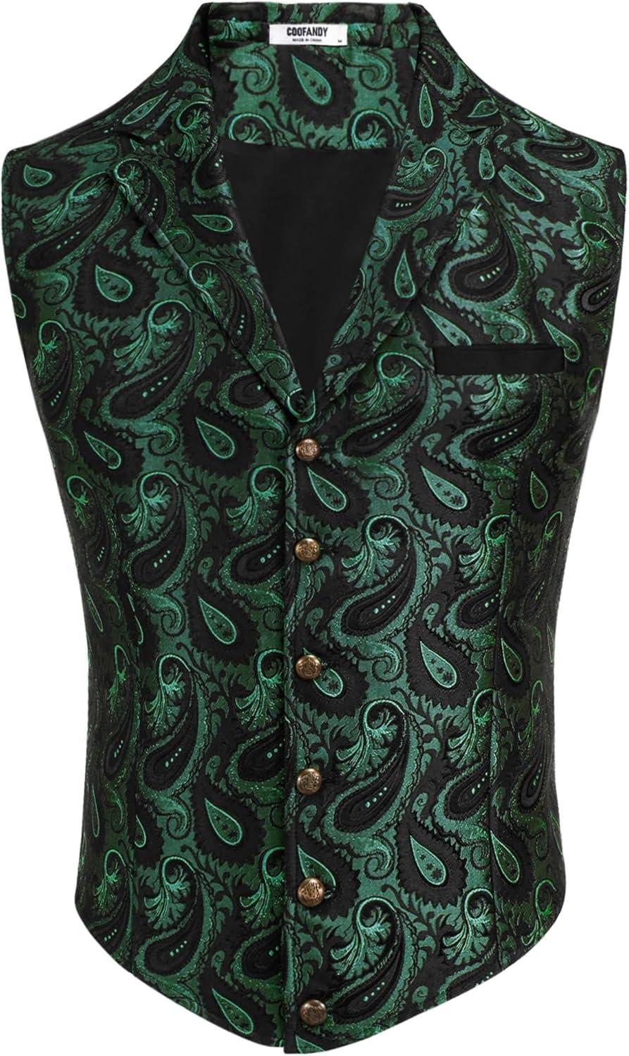 imageCOOFANDY Mens Casual Business Vests Lightweight Waistcoat Slim Fit Suit VestGreen Paisley