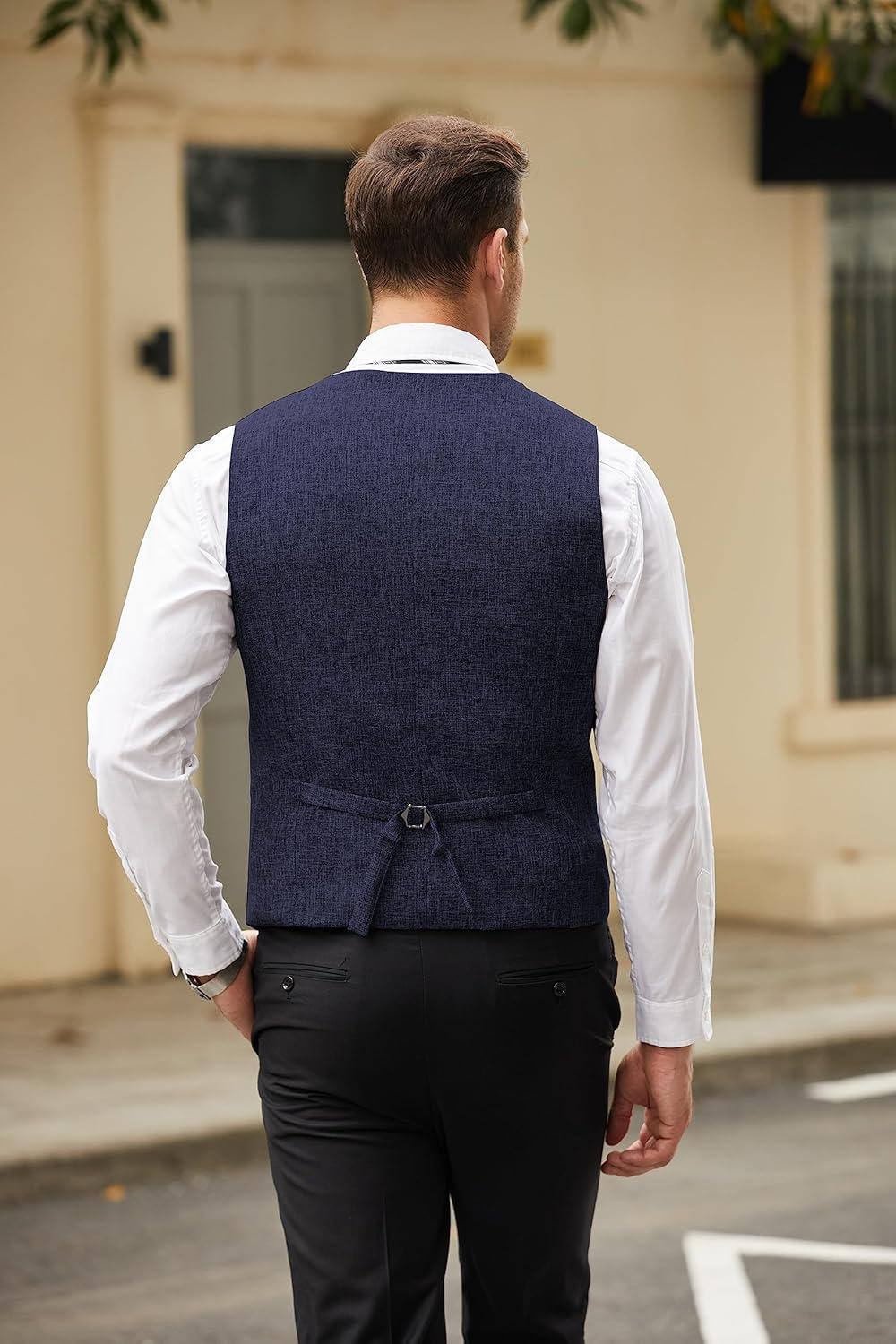 imageCOOFANDY Mens Casual Business Vests Lightweight Waistcoat Slim Fit Suit VestNavy Blue