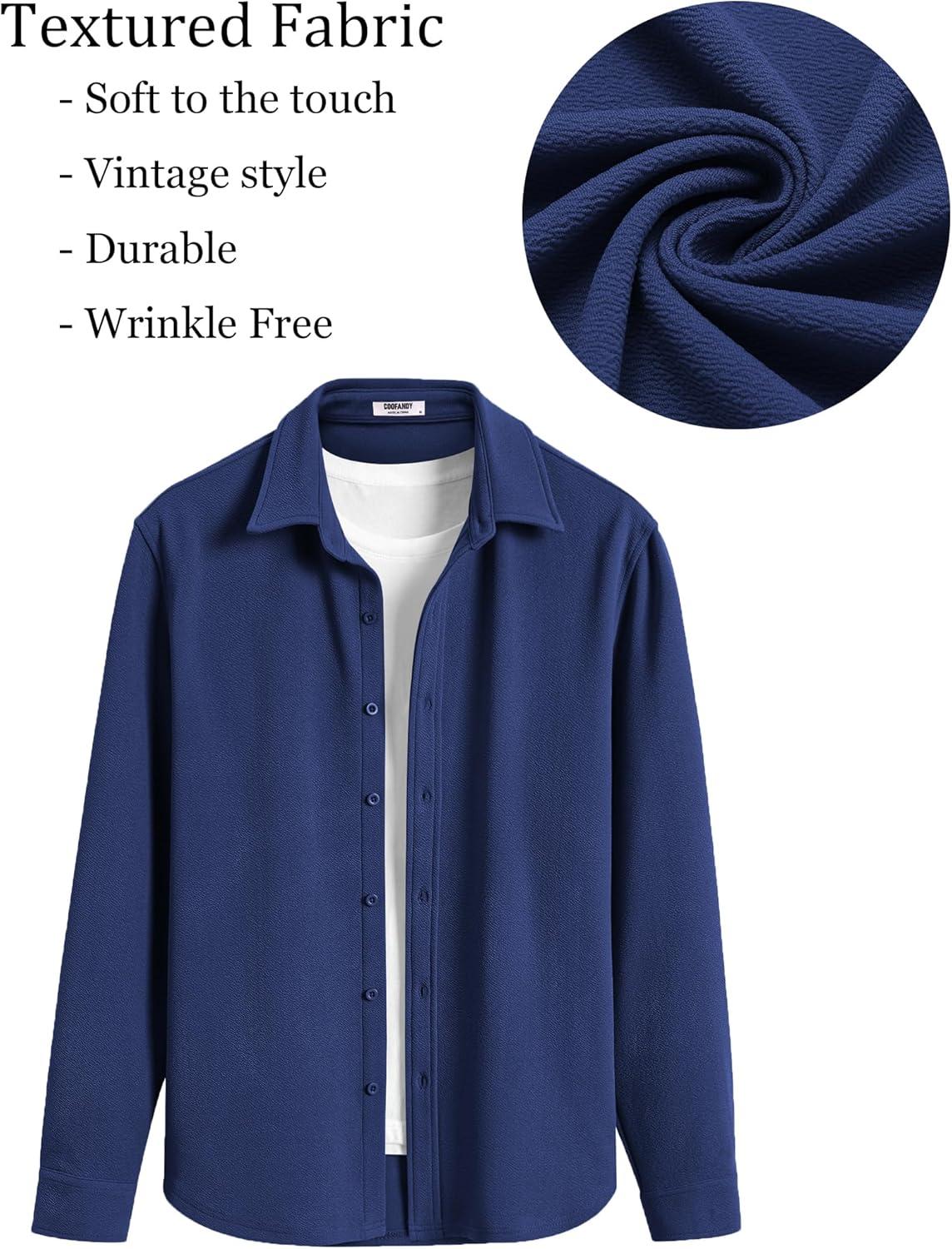 imageCOOFANDY Mens Casual Button Down Shirt Long Sleeve Lightweight Jacket Fashion Textured ShirtsBlue