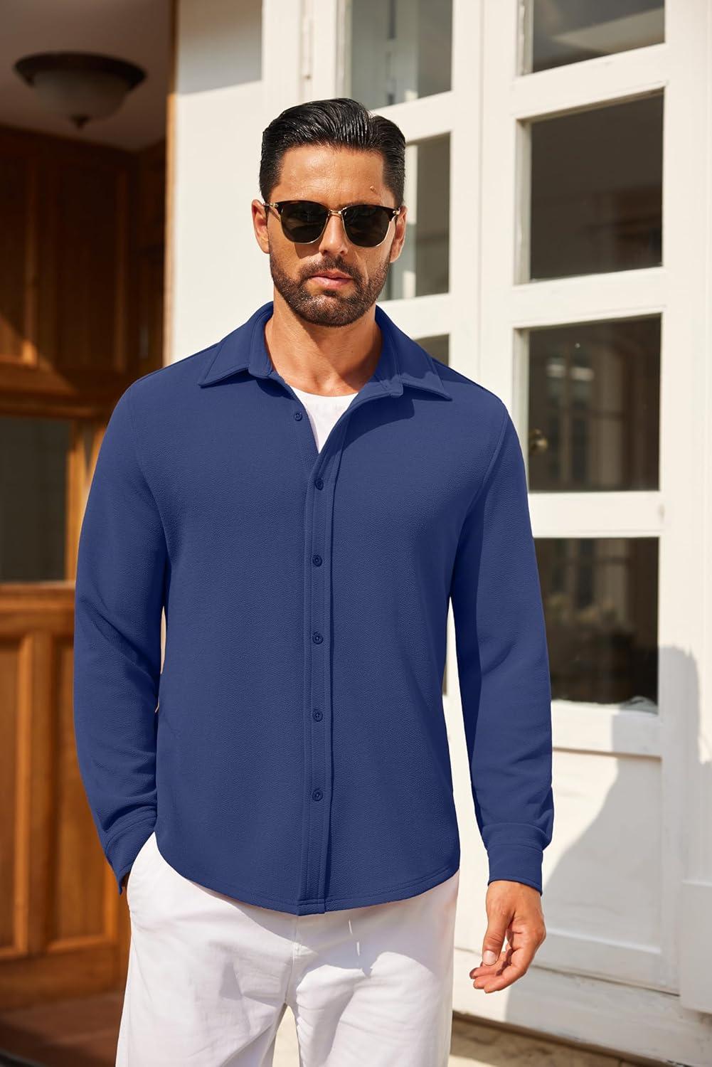 imageCOOFANDY Mens Casual Button Down Shirt Long Sleeve Lightweight Jacket Fashion Textured ShirtsBlue