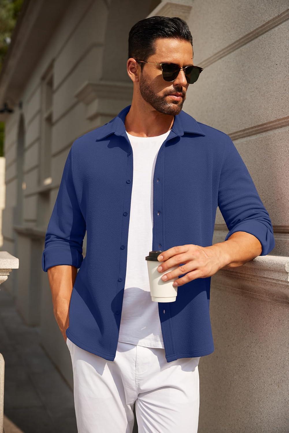 imageCOOFANDY Mens Casual Button Down Shirt Long Sleeve Lightweight Jacket Fashion Textured ShirtsBlue