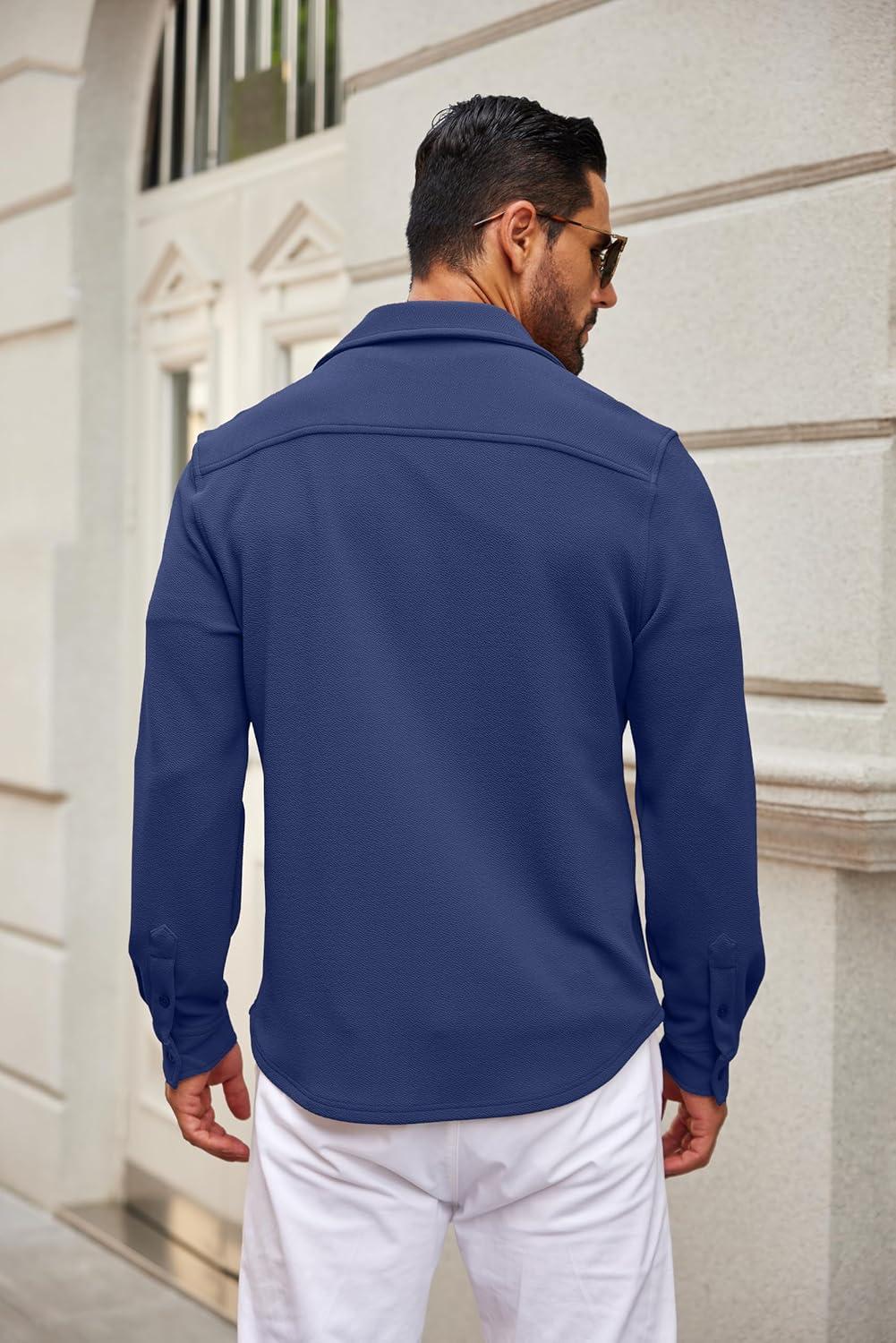 imageCOOFANDY Mens Casual Button Down Shirt Long Sleeve Lightweight Jacket Fashion Textured ShirtsBlue