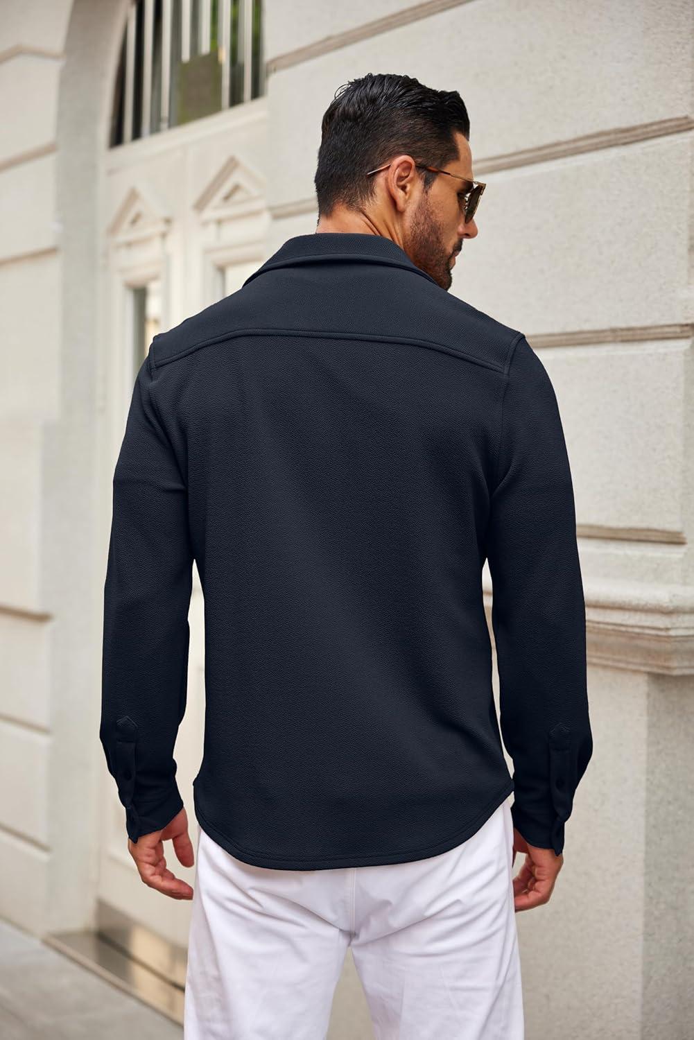 imageCOOFANDY Mens Casual Button Down Shirt Long Sleeve Lightweight Jacket Fashion Textured ShirtsDark Blue