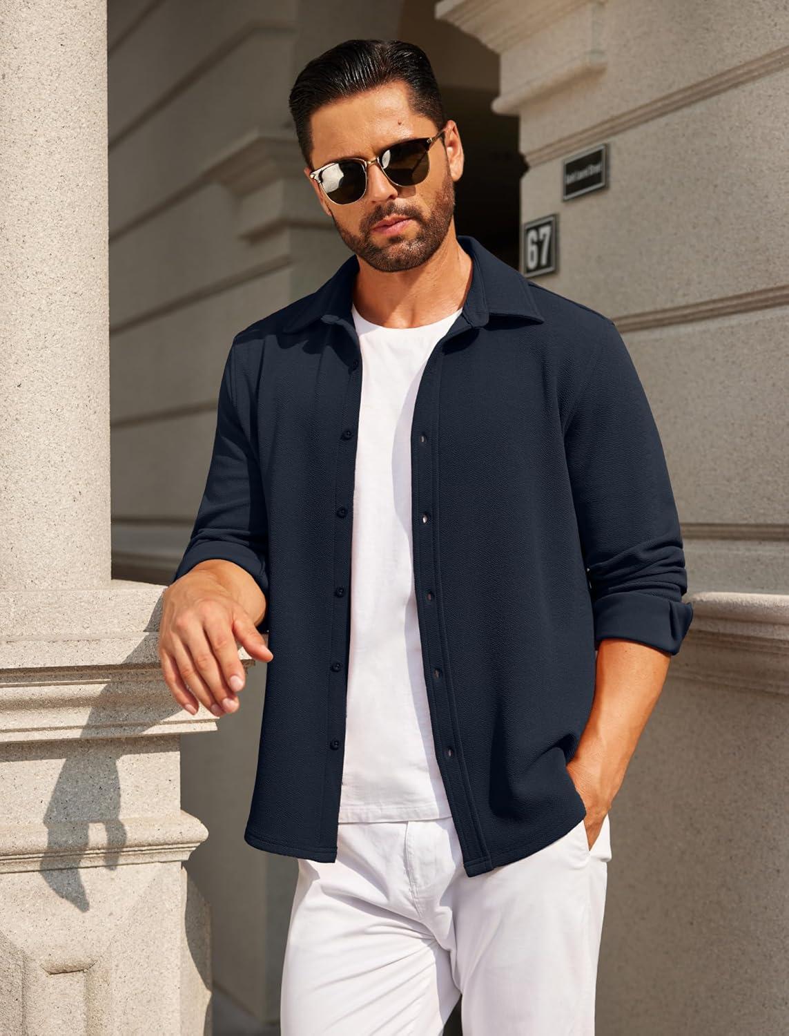 imageCOOFANDY Mens Casual Button Down Shirt Long Sleeve Lightweight Jacket Fashion Textured ShirtsDark Blue