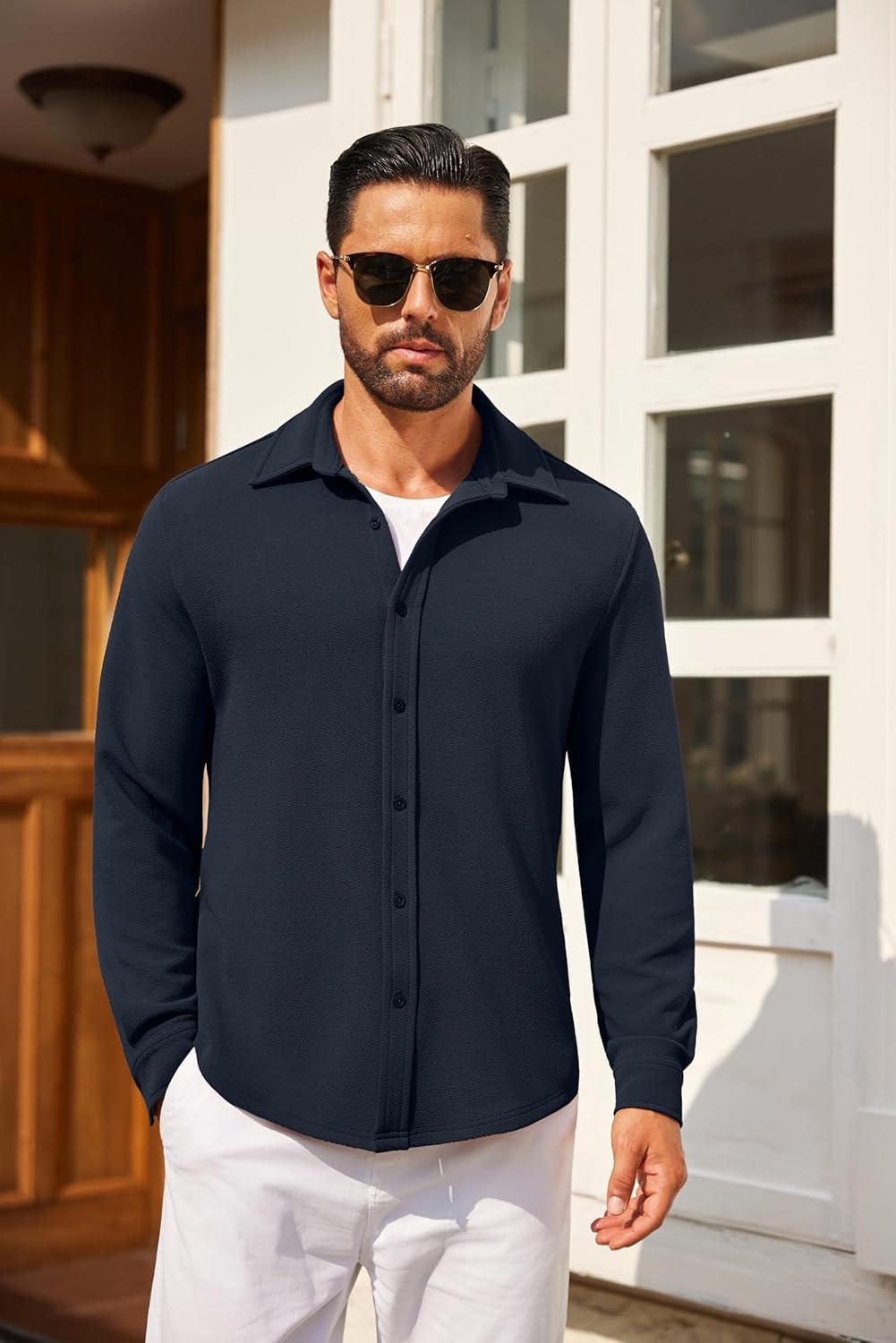 imageCOOFANDY Mens Casual Button Down Shirt Long Sleeve Lightweight Jacket Fashion Textured ShirtsDark Blue