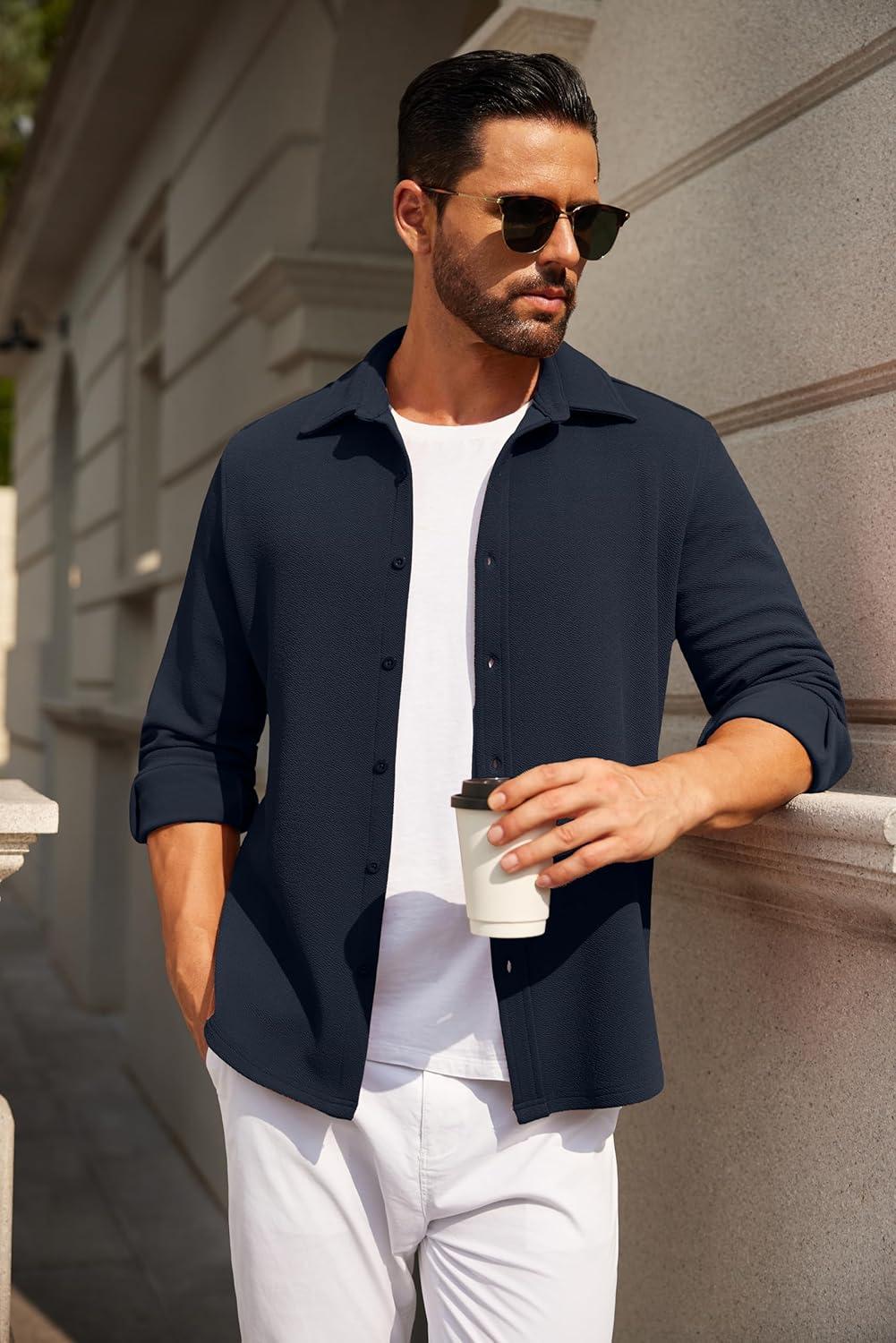 imageCOOFANDY Mens Casual Button Down Shirt Long Sleeve Lightweight Jacket Fashion Textured ShirtsDark Blue