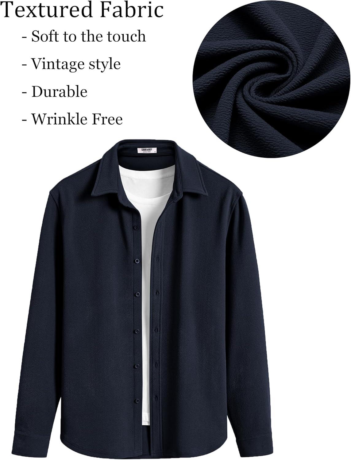 imageCOOFANDY Mens Casual Button Down Shirt Long Sleeve Lightweight Jacket Fashion Textured ShirtsDark Blue