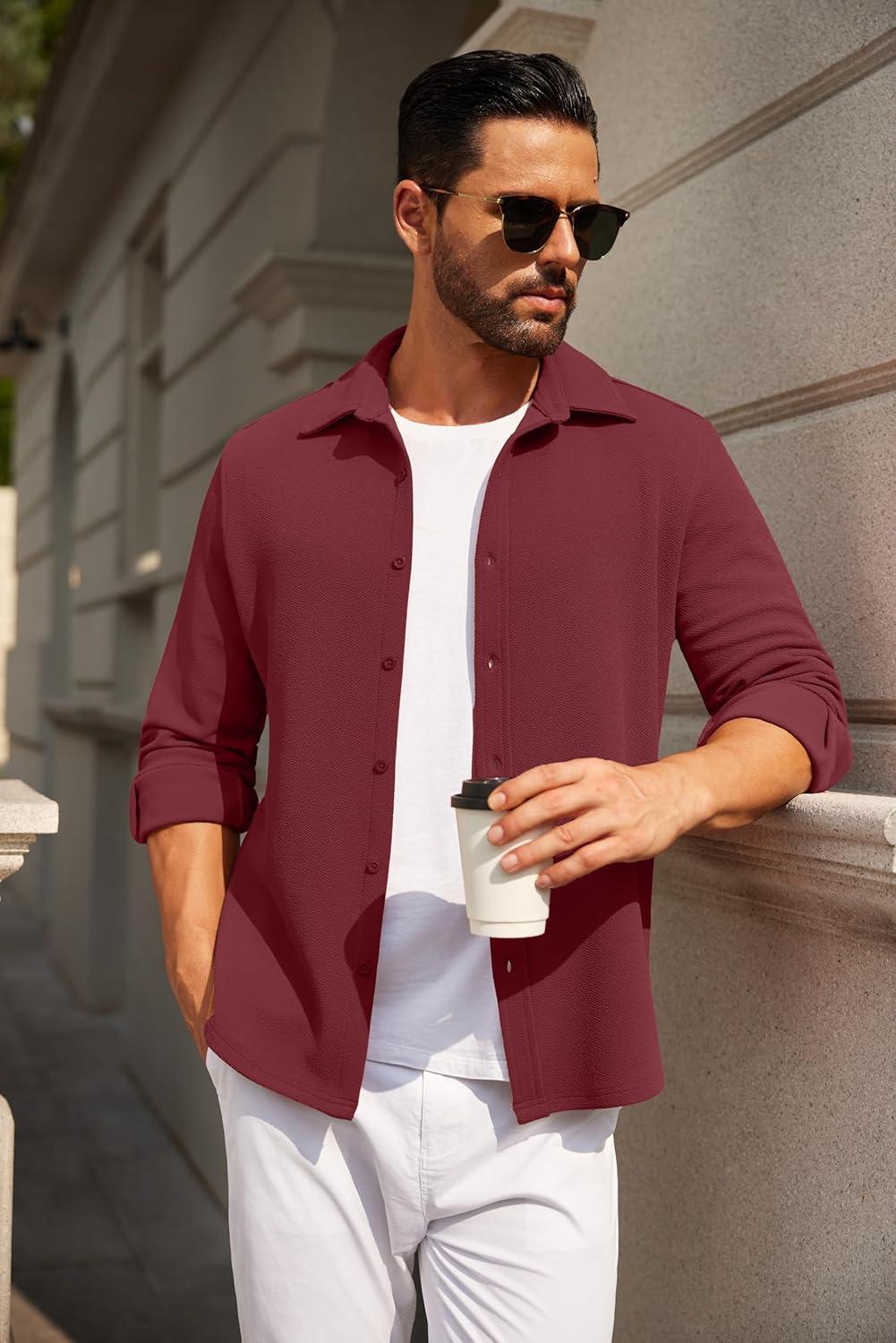 imageCOOFANDY Mens Casual Button Down Shirt Long Sleeve Lightweight Jacket Fashion Textured ShirtsDark Red