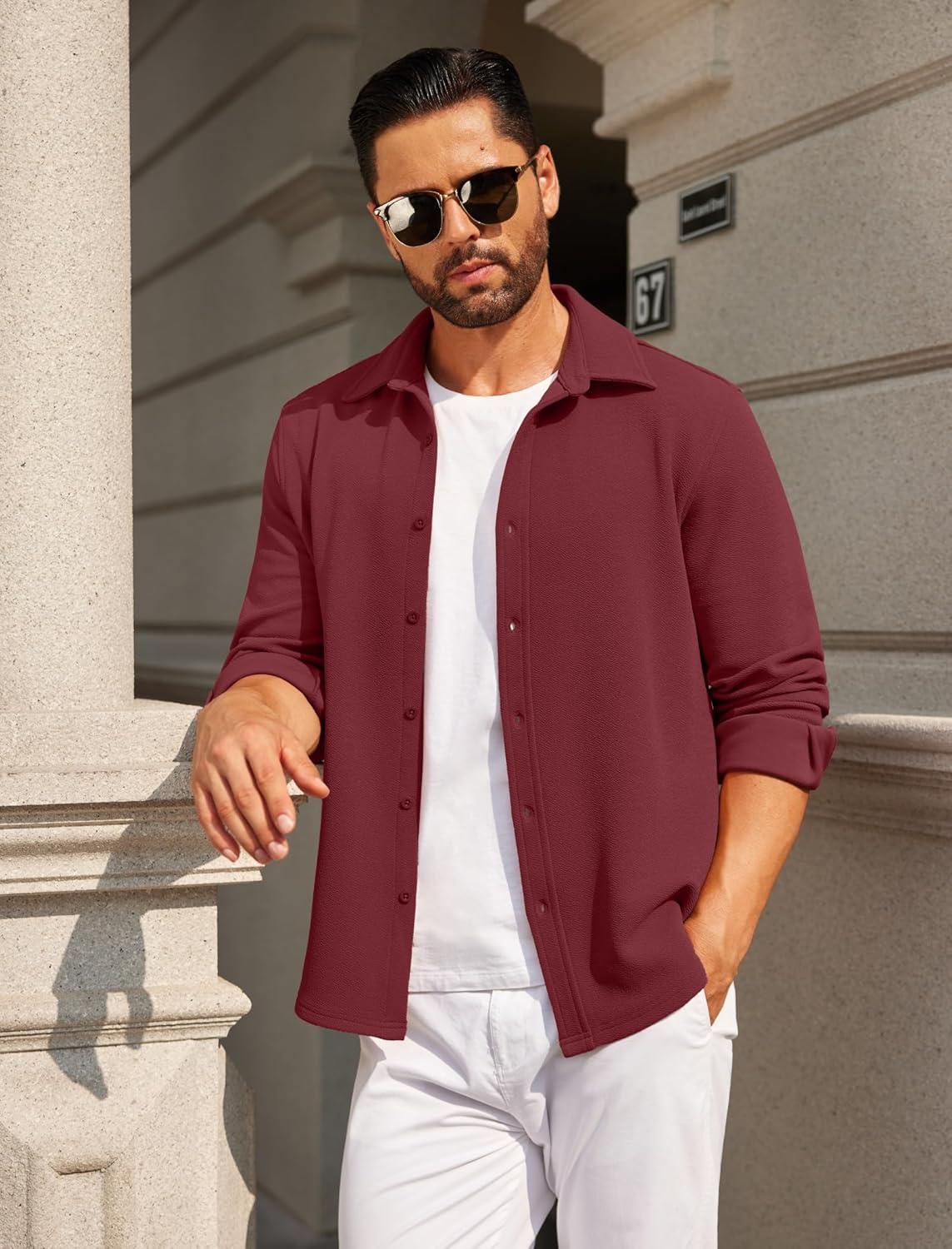 imageCOOFANDY Mens Casual Button Down Shirt Long Sleeve Lightweight Jacket Fashion Textured ShirtsDark Red