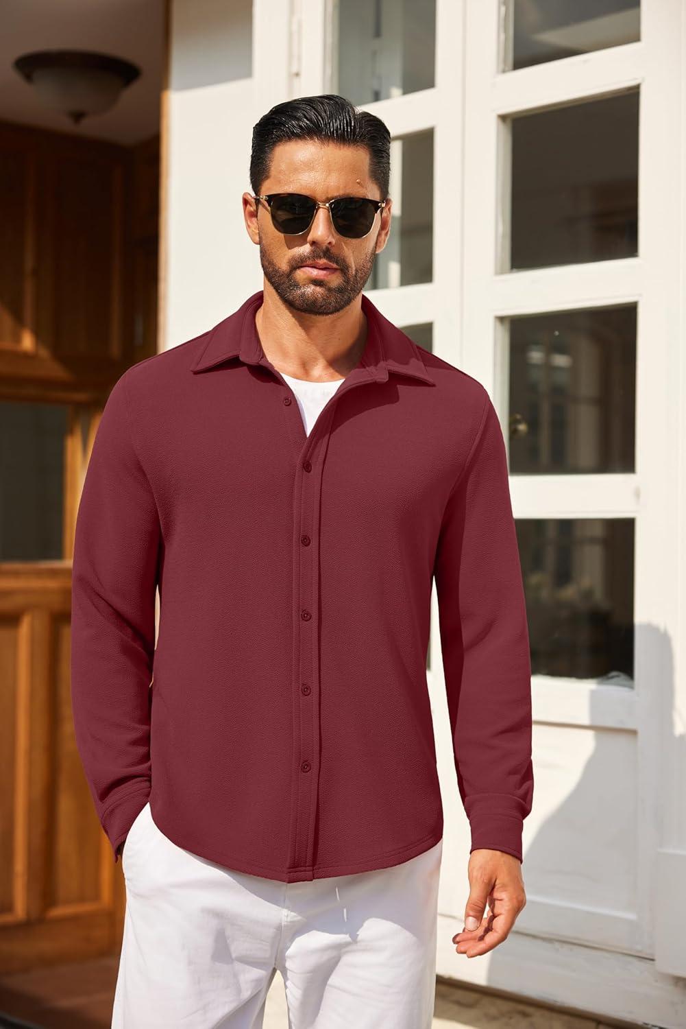 imageCOOFANDY Mens Casual Button Down Shirt Long Sleeve Lightweight Jacket Fashion Textured ShirtsDark Red
