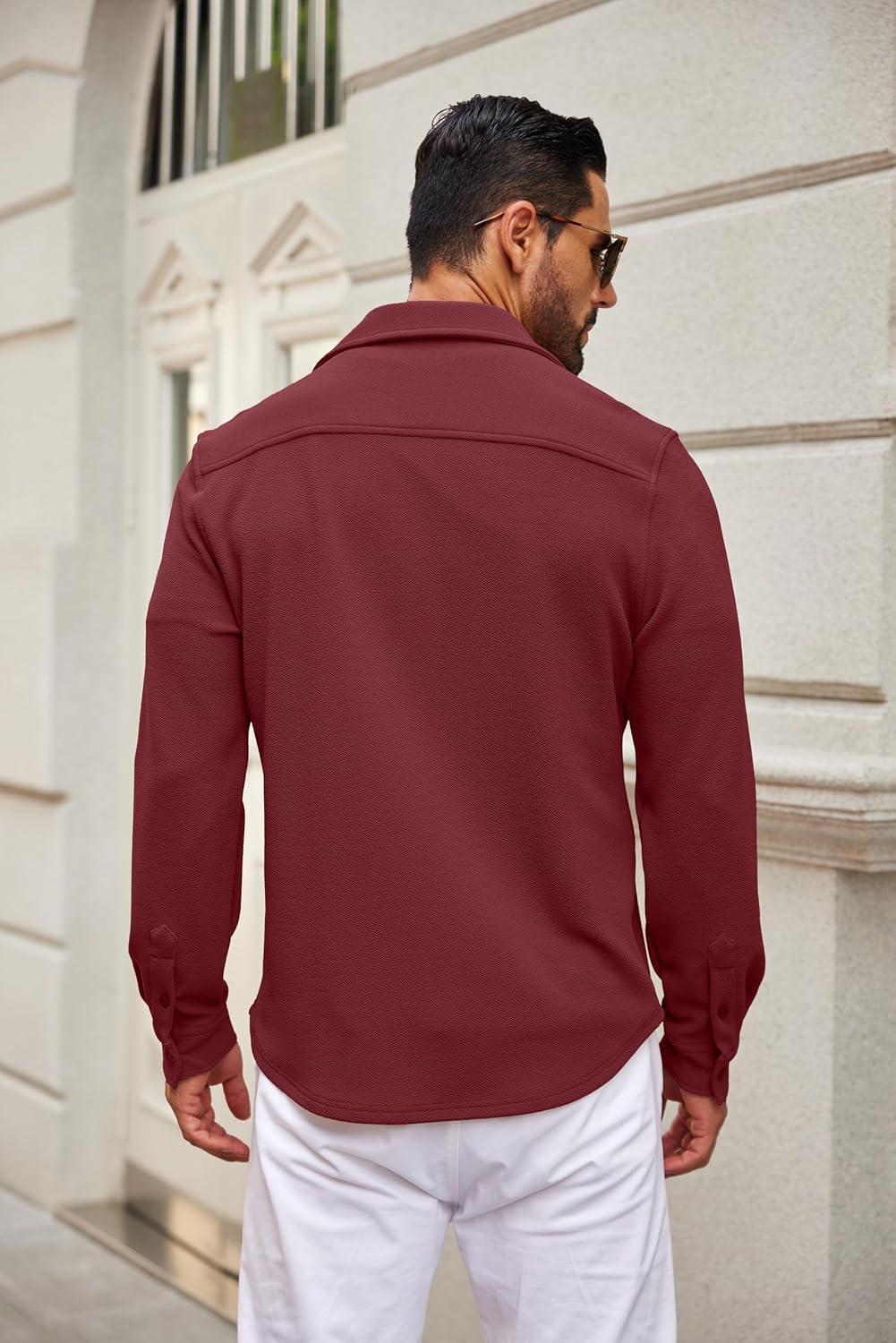 imageCOOFANDY Mens Casual Button Down Shirt Long Sleeve Lightweight Jacket Fashion Textured ShirtsDark Red