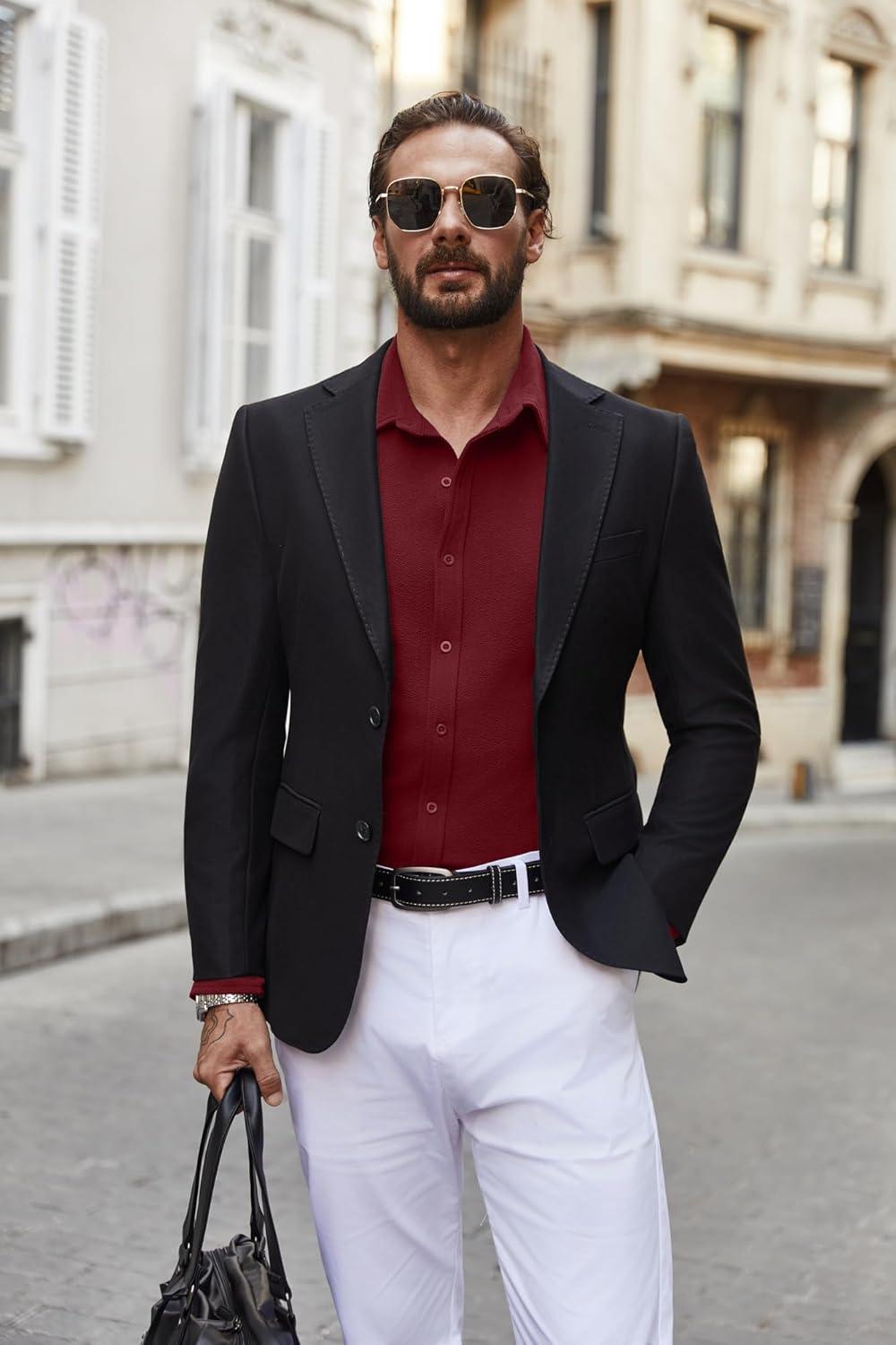 imageCOOFANDY Mens Casual Button Down Shirt Long Sleeve Lightweight Jacket Fashion Textured ShirtsDark Red