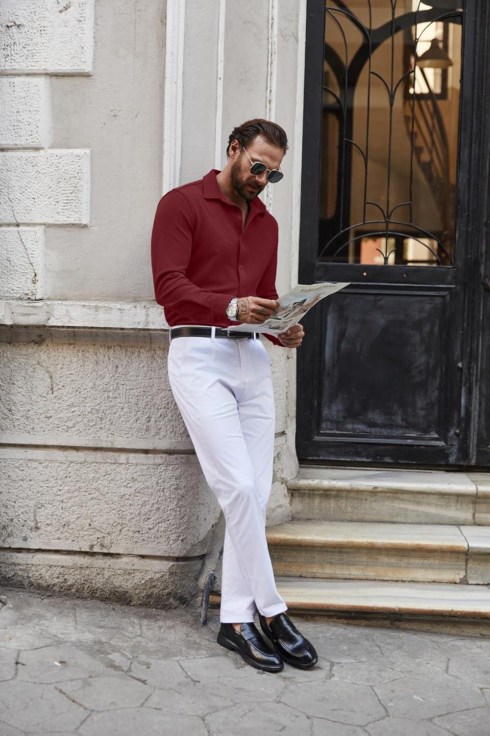 imageCOOFANDY Mens Casual Button Down Shirt Long Sleeve Lightweight Jacket Fashion Textured ShirtsDark Red