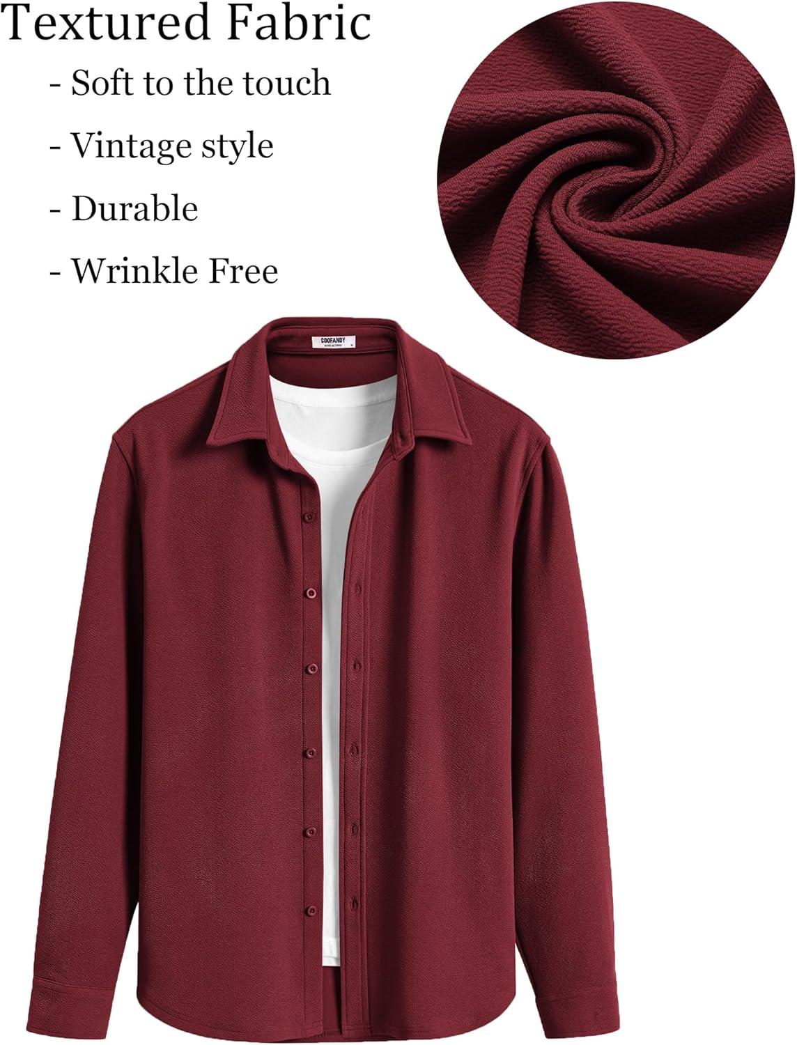 imageCOOFANDY Mens Casual Button Down Shirt Long Sleeve Lightweight Jacket Fashion Textured ShirtsDark Red