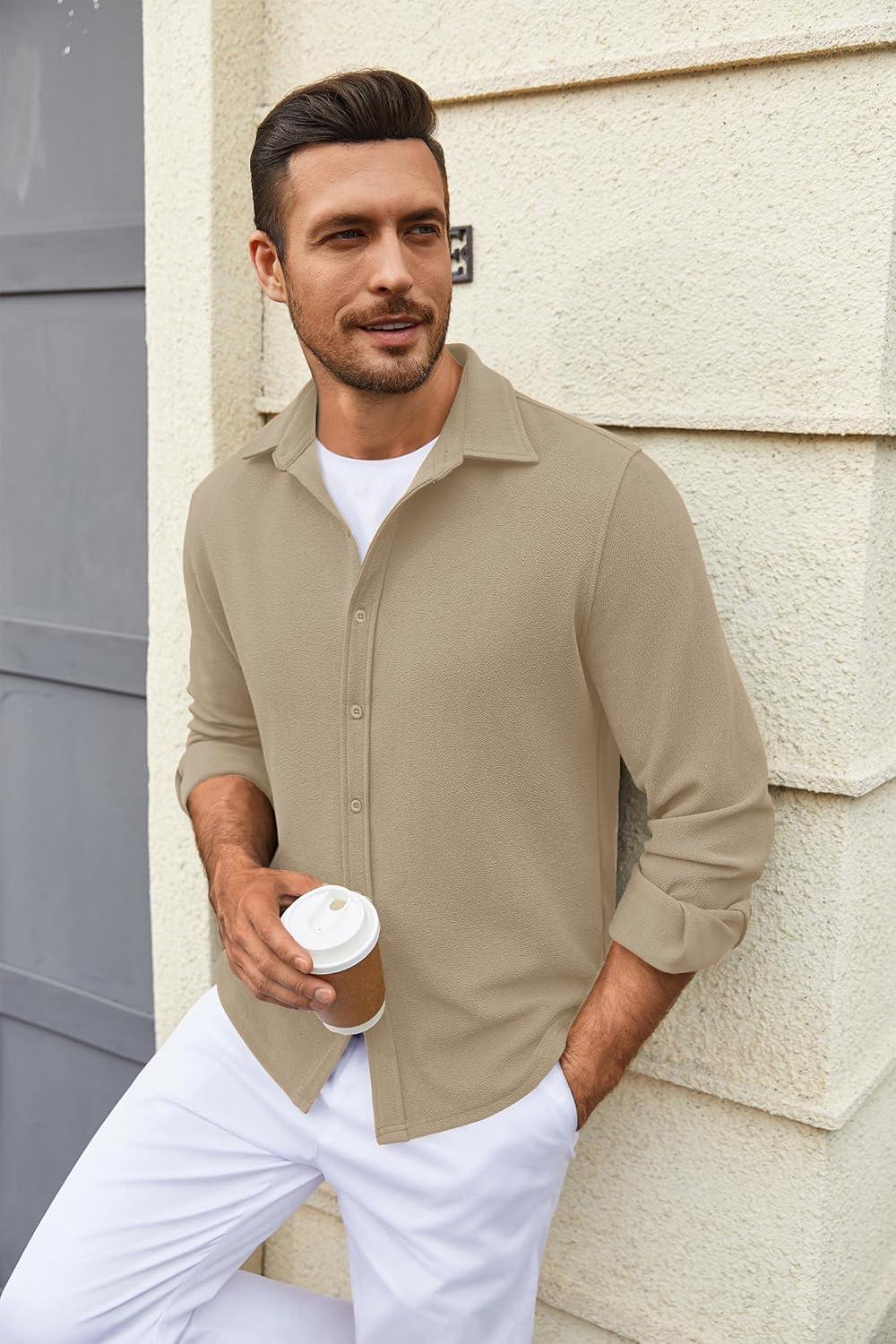 imageCOOFANDY Mens Casual Button Down Shirt Long Sleeve Lightweight Jacket Fashion Textured ShirtsKhaki