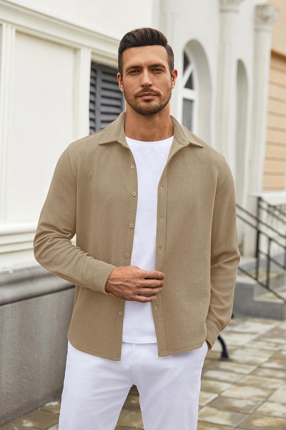 imageCOOFANDY Mens Casual Button Down Shirt Long Sleeve Lightweight Jacket Fashion Textured ShirtsKhaki