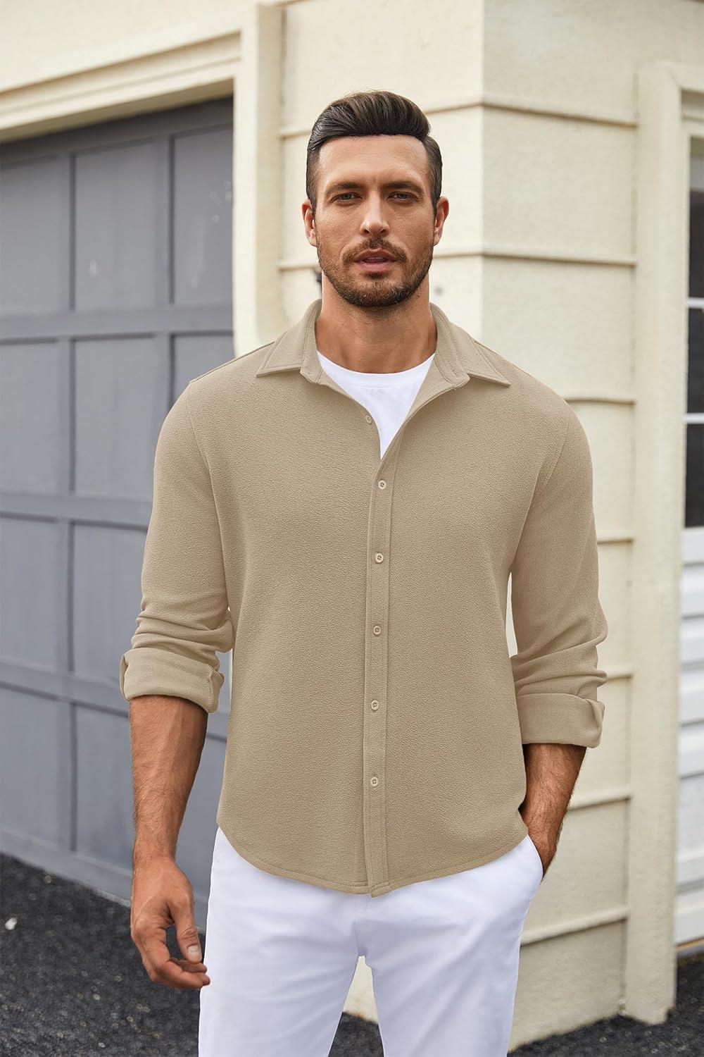 imageCOOFANDY Mens Casual Button Down Shirt Long Sleeve Lightweight Jacket Fashion Textured ShirtsKhaki