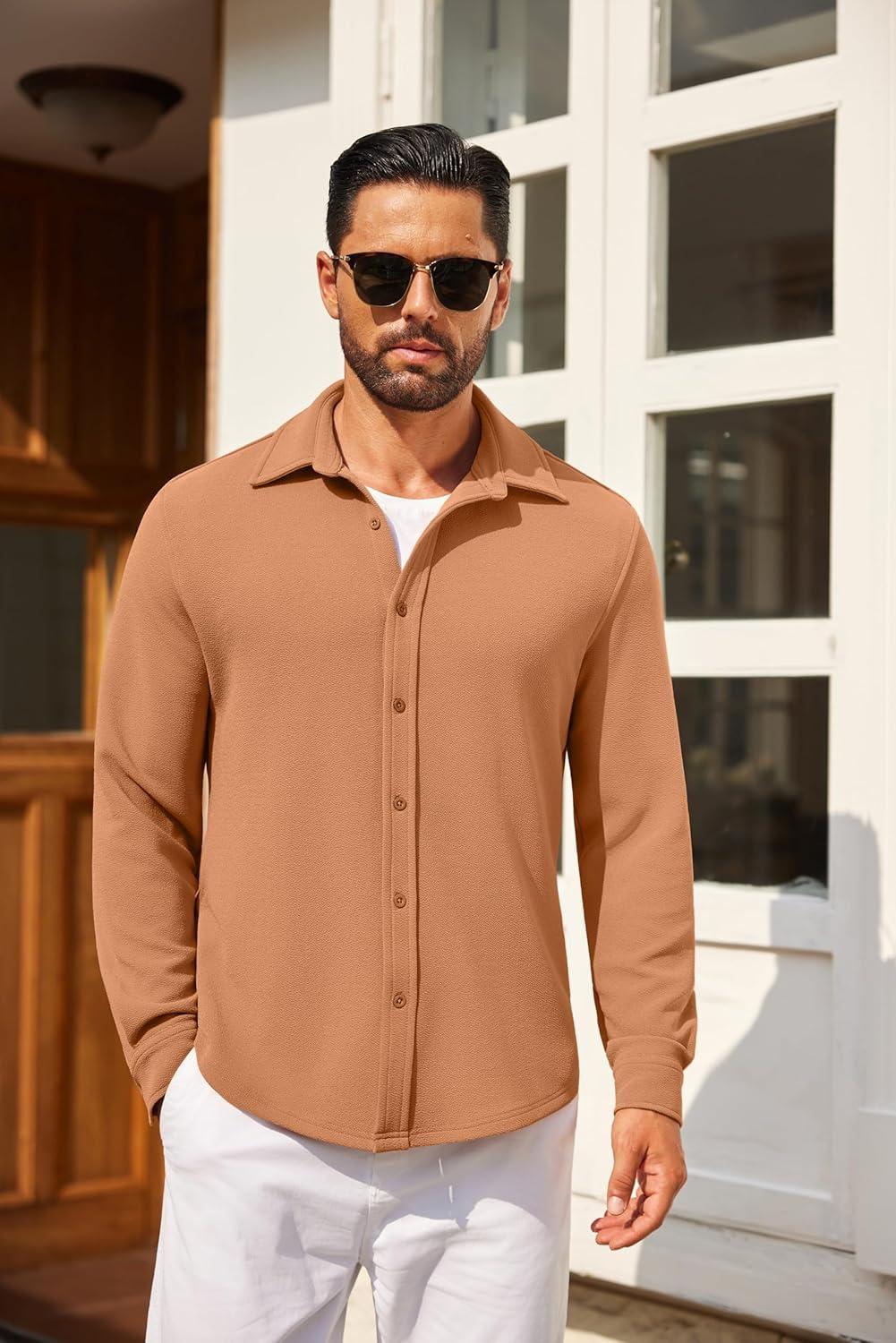 imageCOOFANDY Mens Casual Button Down Shirt Long Sleeve Lightweight Jacket Fashion Textured ShirtsLight Brown