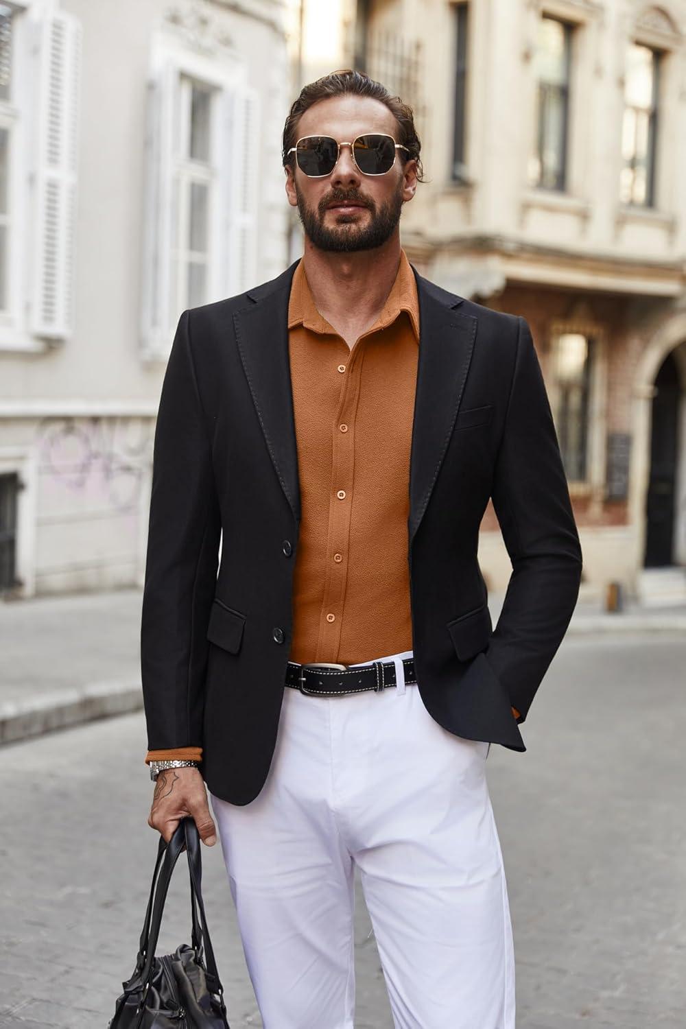 imageCOOFANDY Mens Casual Button Down Shirt Long Sleeve Lightweight Jacket Fashion Textured ShirtsLight Brown