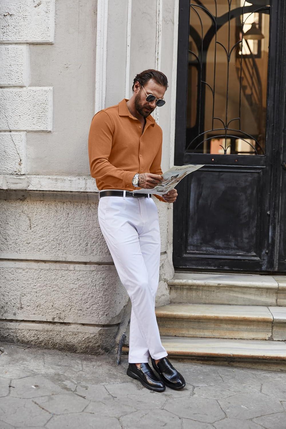 imageCOOFANDY Mens Casual Button Down Shirt Long Sleeve Lightweight Jacket Fashion Textured ShirtsLight Brown