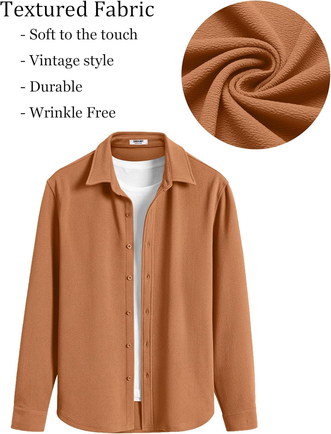 imageCOOFANDY Mens Casual Button Down Shirt Long Sleeve Lightweight Jacket Fashion Textured ShirtsLight Brown