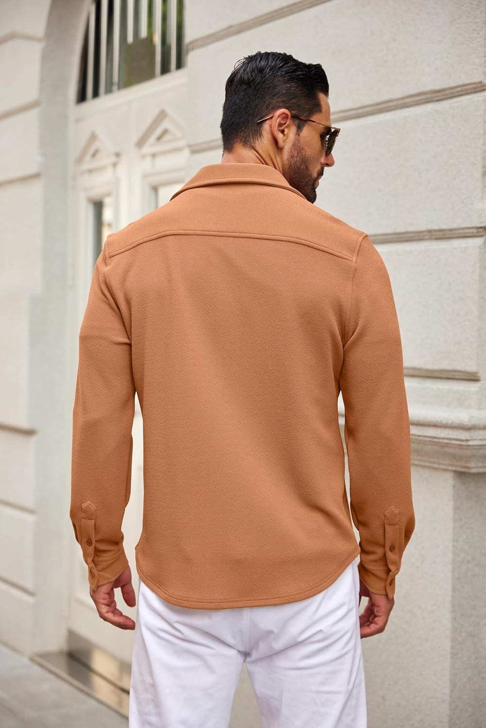 imageCOOFANDY Mens Casual Button Down Shirt Long Sleeve Lightweight Jacket Fashion Textured ShirtsLight Brown
