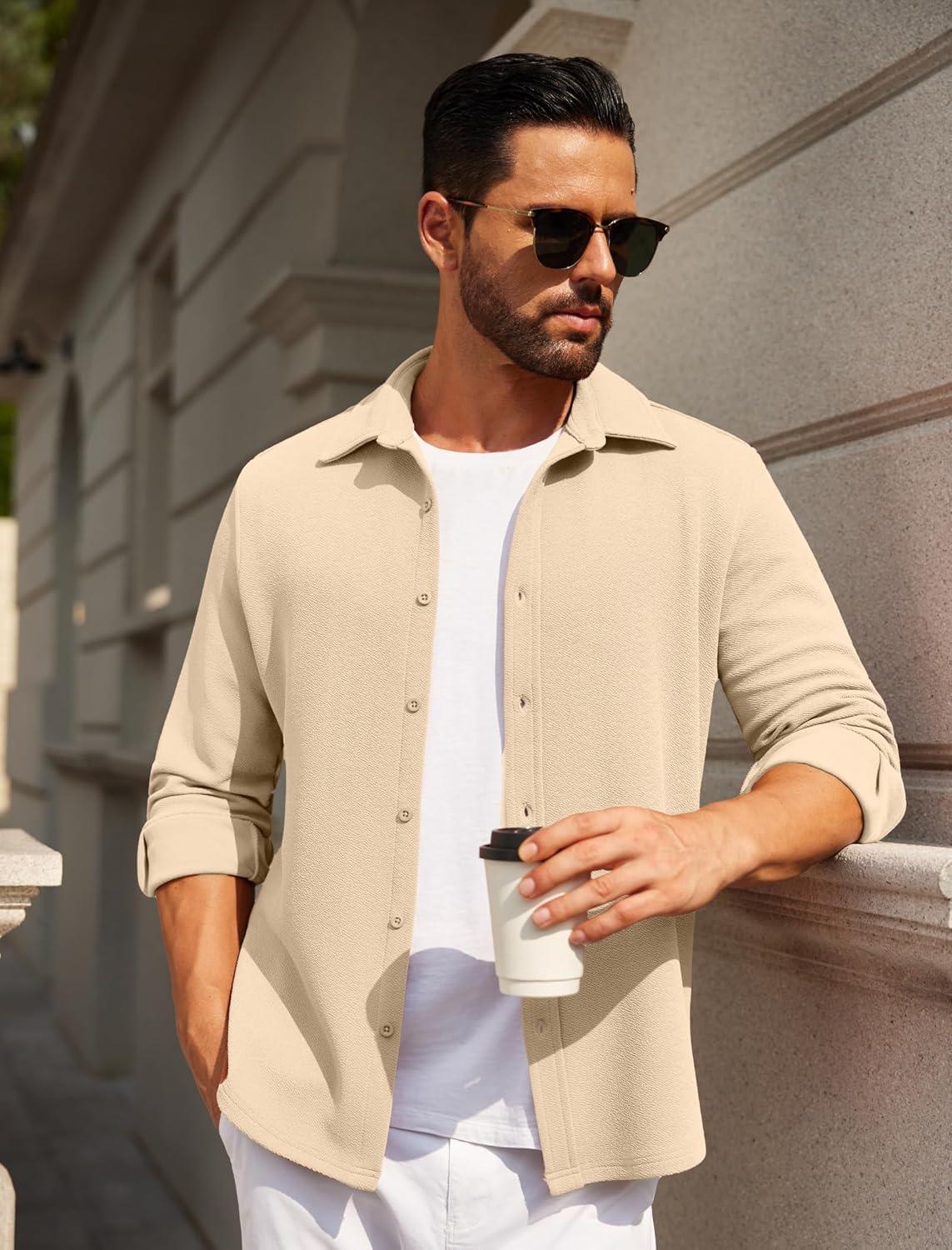 imageCOOFANDY Mens Casual Button Down Shirt Long Sleeve Lightweight Jacket Fashion Textured ShirtsLight Coffee