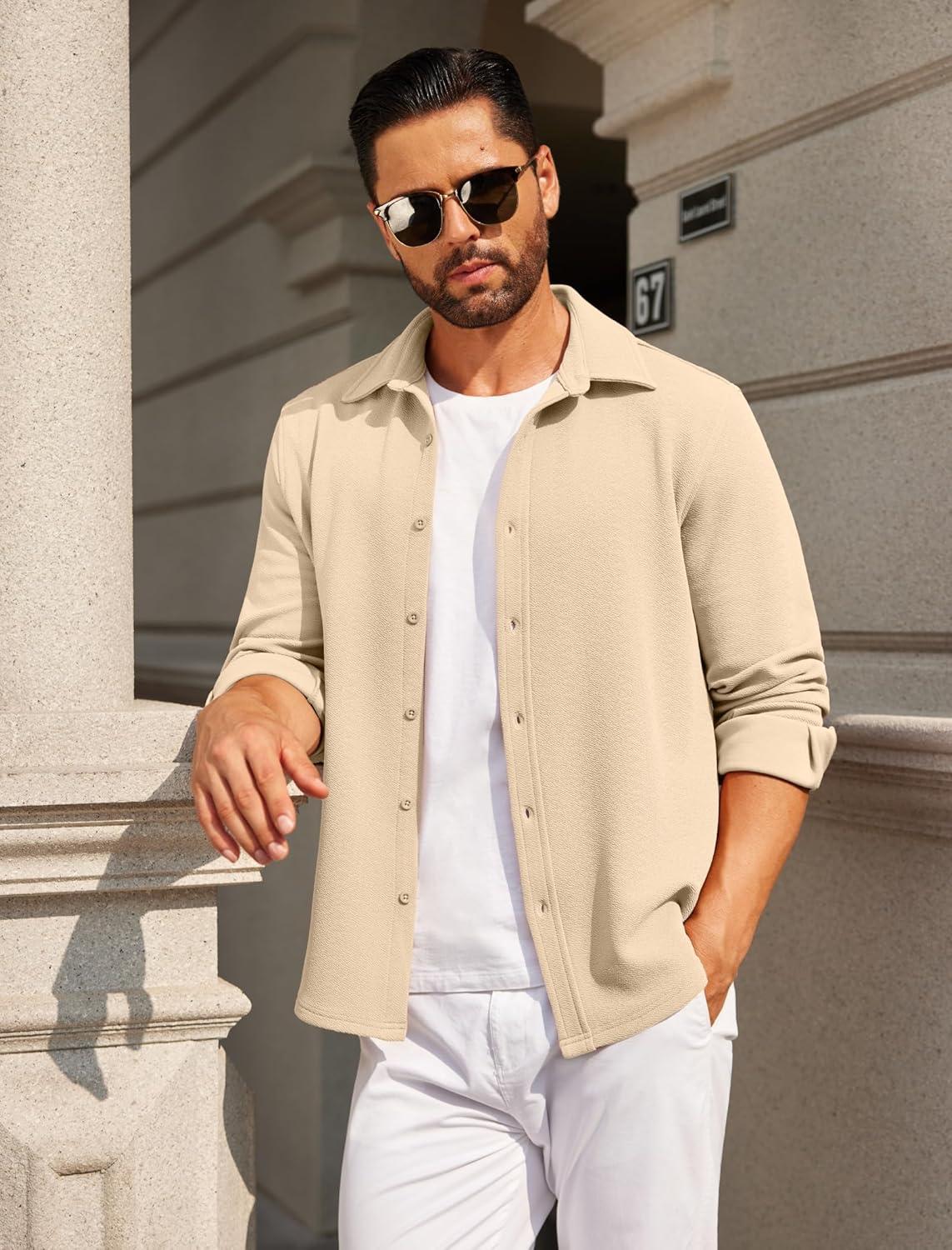 imageCOOFANDY Mens Casual Button Down Shirt Long Sleeve Lightweight Jacket Fashion Textured ShirtsLight Coffee