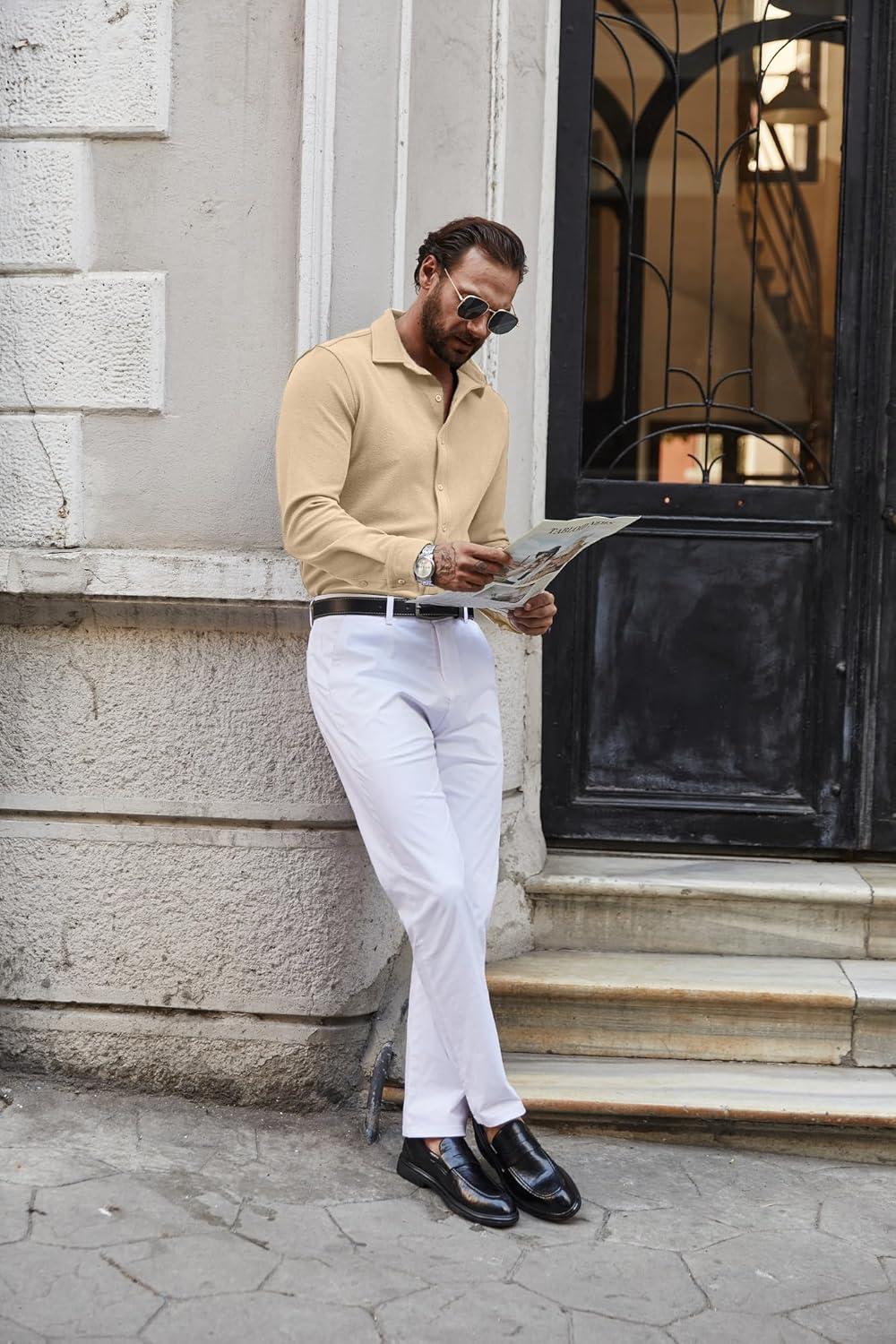 imageCOOFANDY Mens Casual Button Down Shirt Long Sleeve Lightweight Jacket Fashion Textured ShirtsLight Coffee