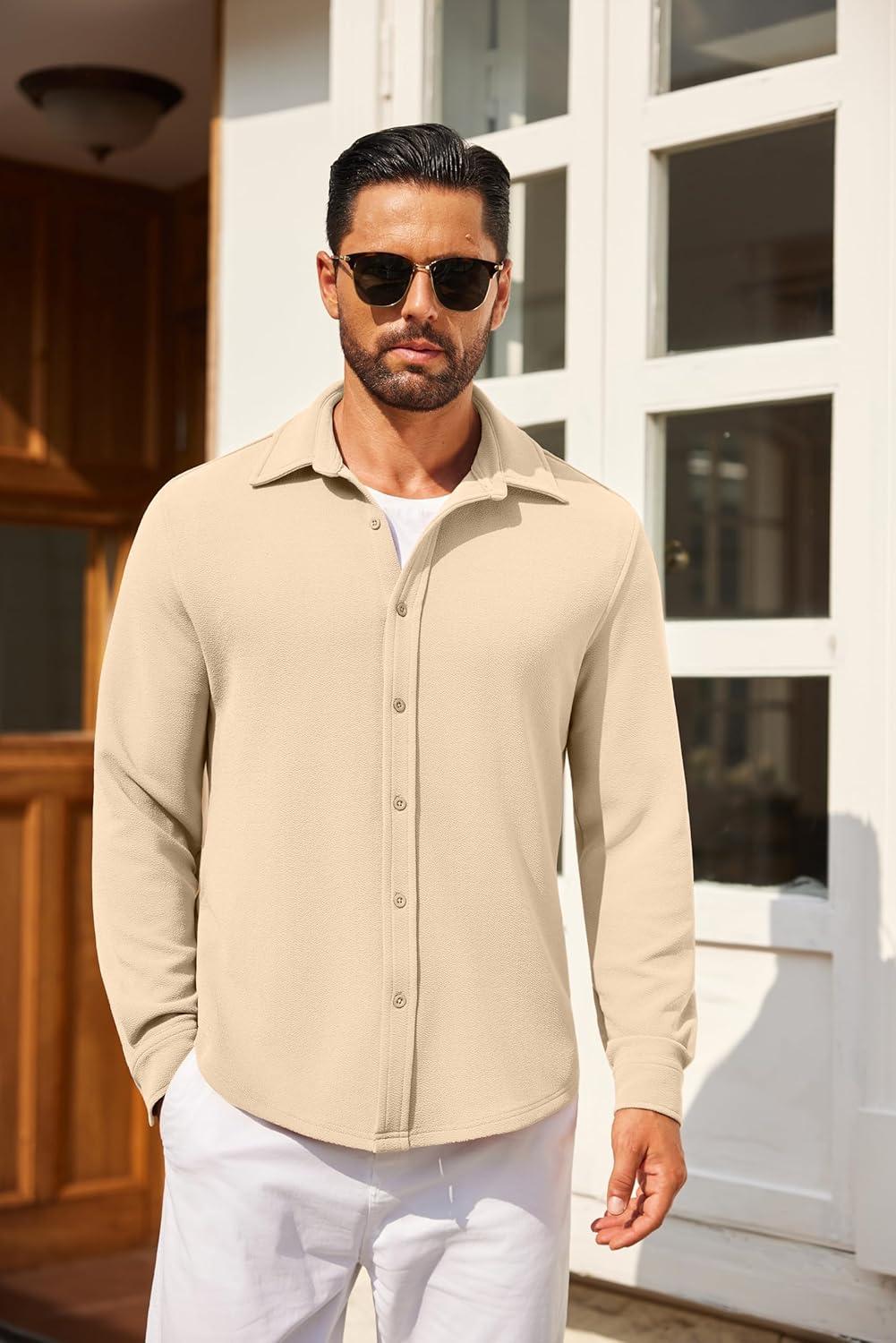 imageCOOFANDY Mens Casual Button Down Shirt Long Sleeve Lightweight Jacket Fashion Textured ShirtsLight Coffee