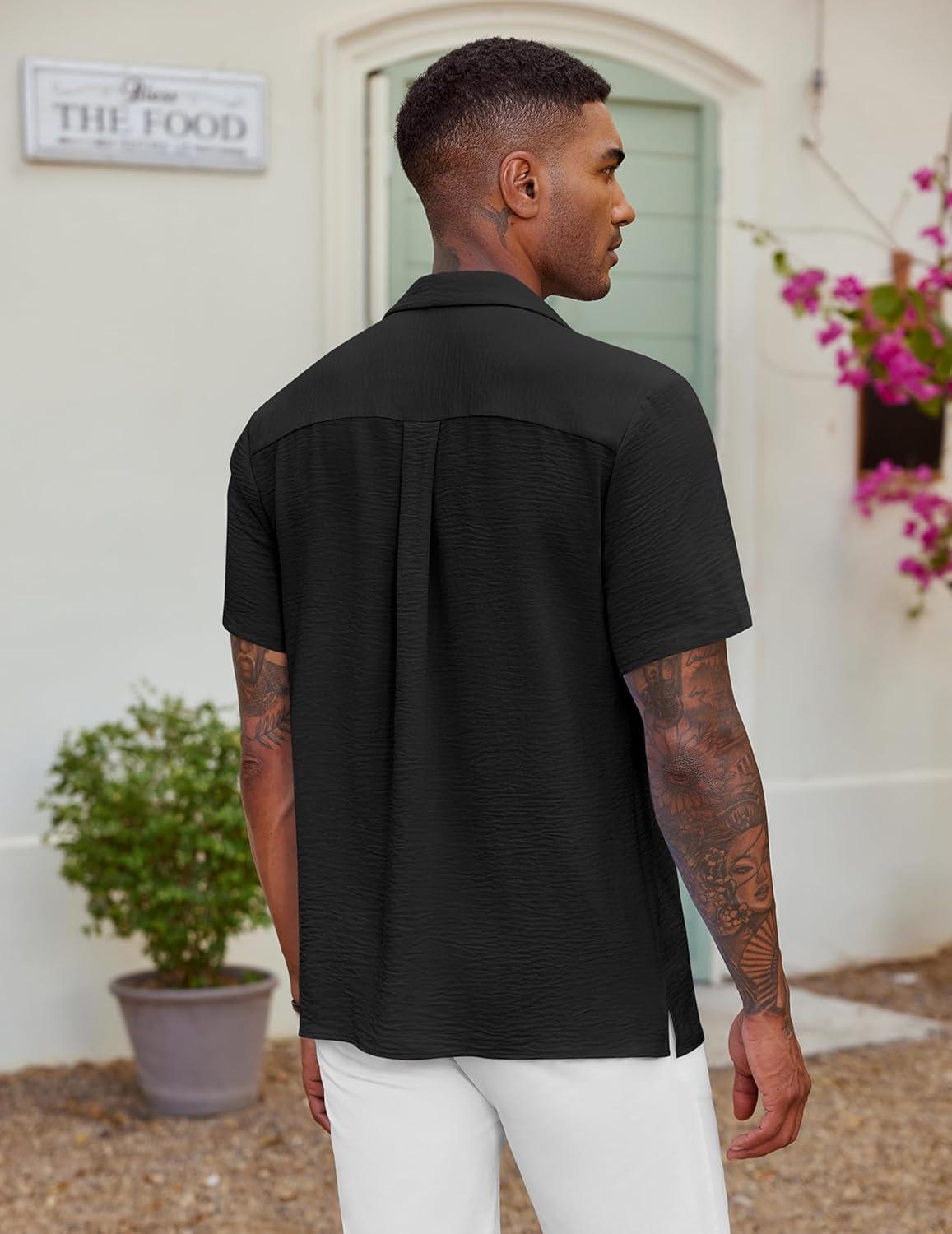 imageCOOFANDY Mens Casual Button Down Shirt Short Sleeve Textured Summer Cuban Beach ShirtsBlack