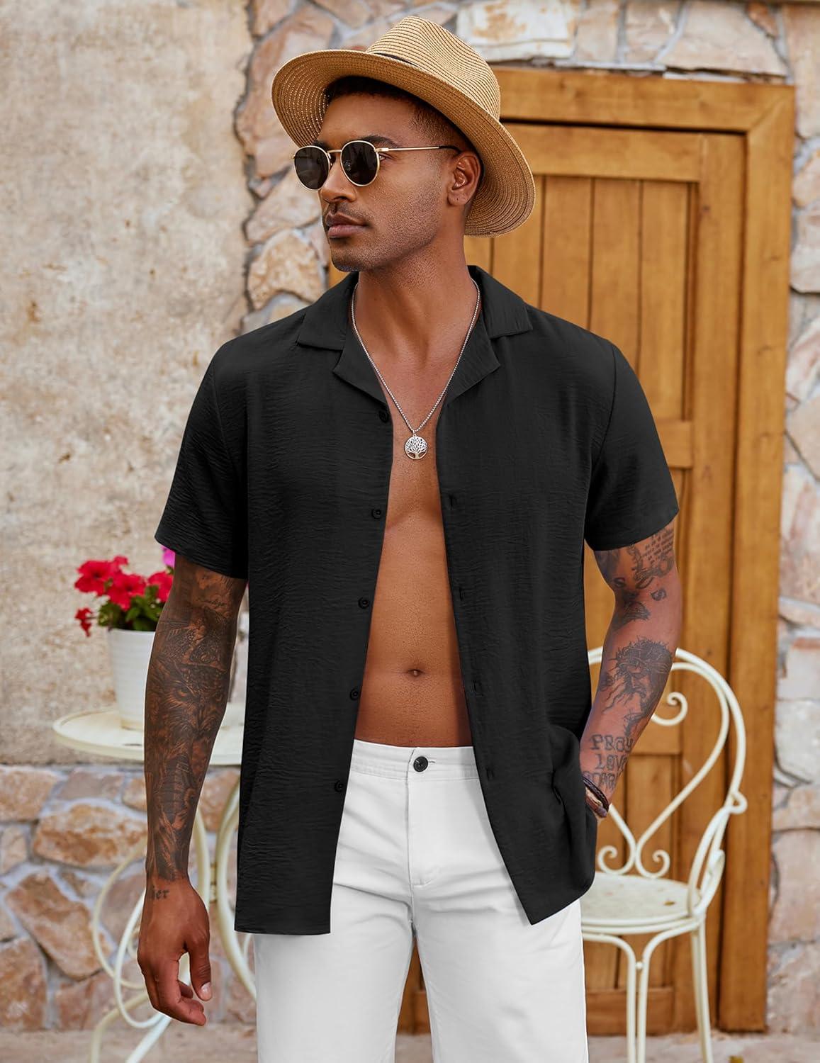 imageCOOFANDY Mens Casual Button Down Shirt Short Sleeve Textured Summer Cuban Beach ShirtsBlack