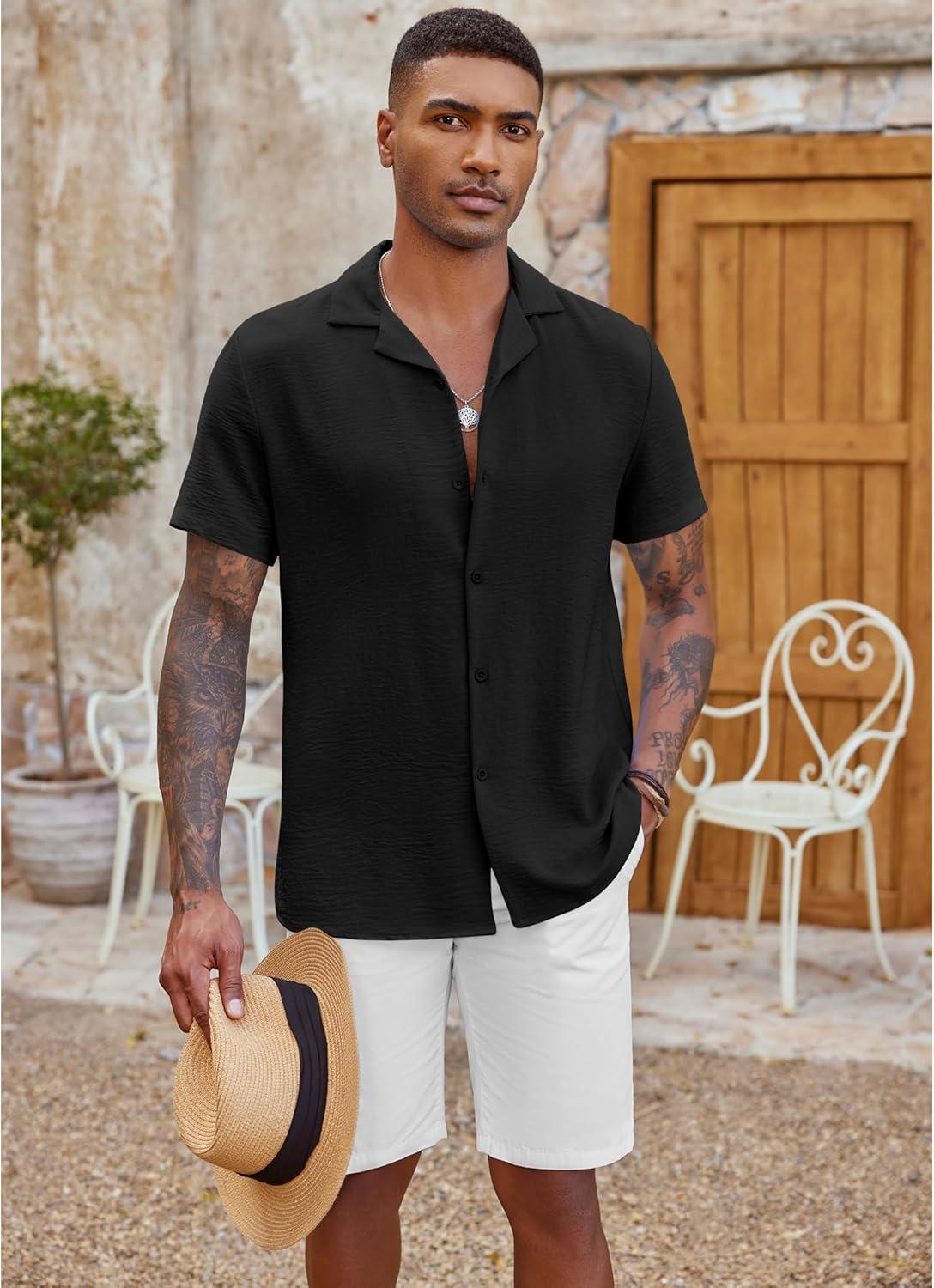 imageCOOFANDY Mens Casual Button Down Shirt Short Sleeve Textured Summer Cuban Beach ShirtsBlack