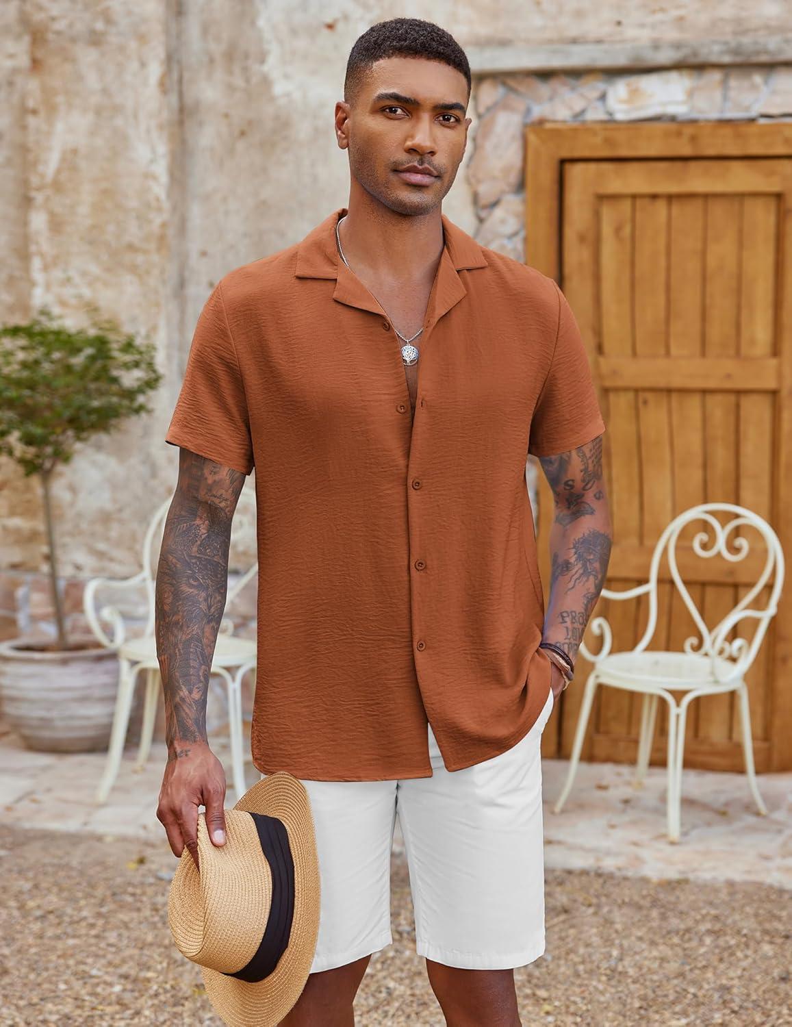 imageCOOFANDY Mens Casual Button Down Shirt Short Sleeve Textured Summer Cuban Beach ShirtsBrown