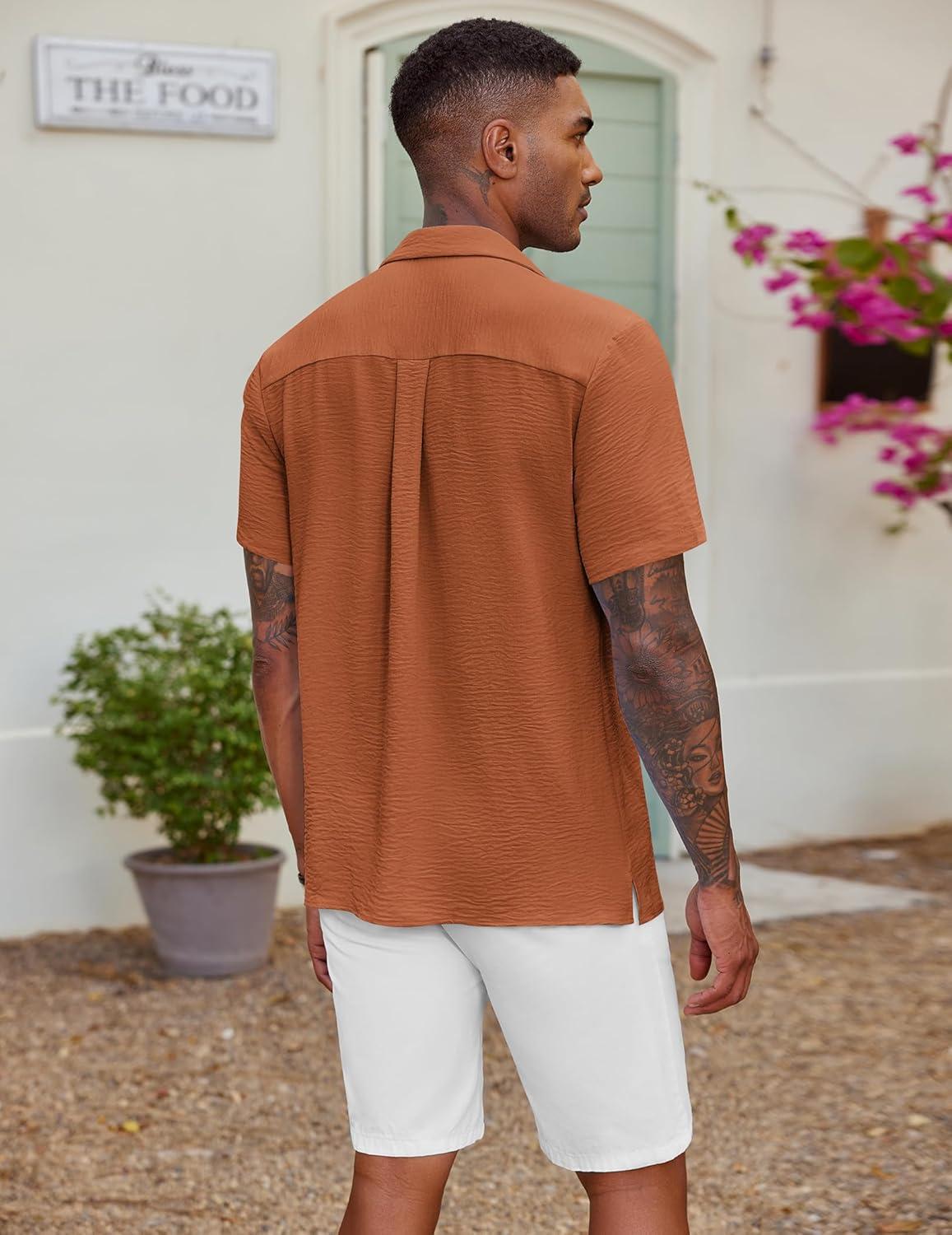 imageCOOFANDY Mens Casual Button Down Shirt Short Sleeve Textured Summer Cuban Beach ShirtsBrown