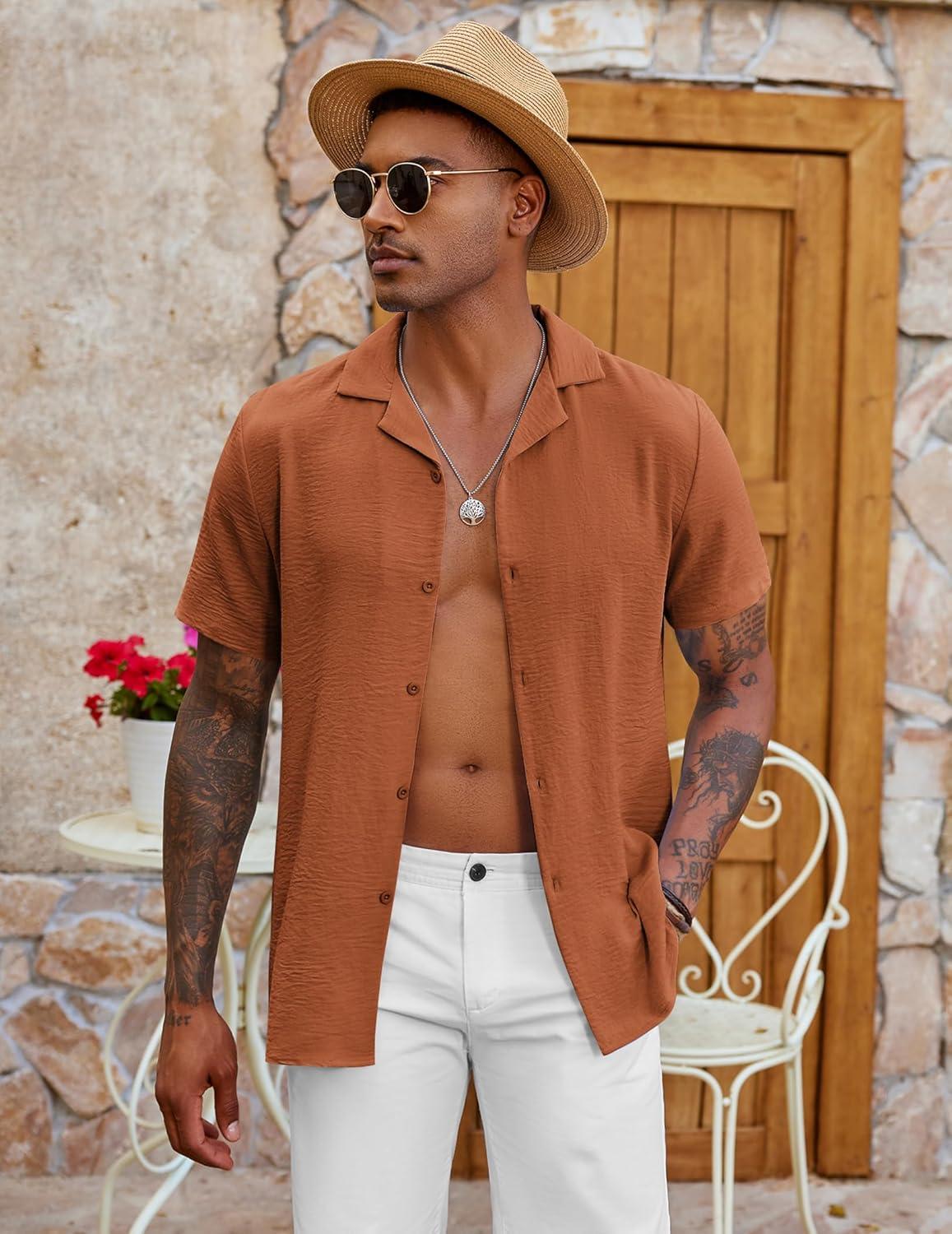 imageCOOFANDY Mens Casual Button Down Shirt Short Sleeve Textured Summer Cuban Beach ShirtsBrown
