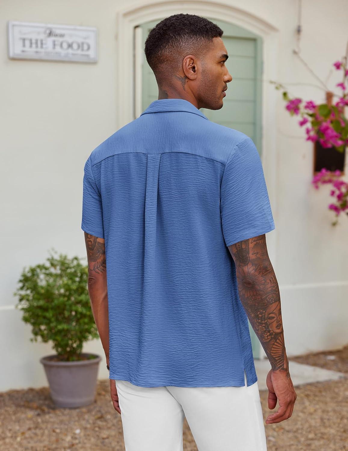 imageCOOFANDY Mens Casual Button Down Shirt Short Sleeve Textured Summer Cuban Beach ShirtsDark Blue