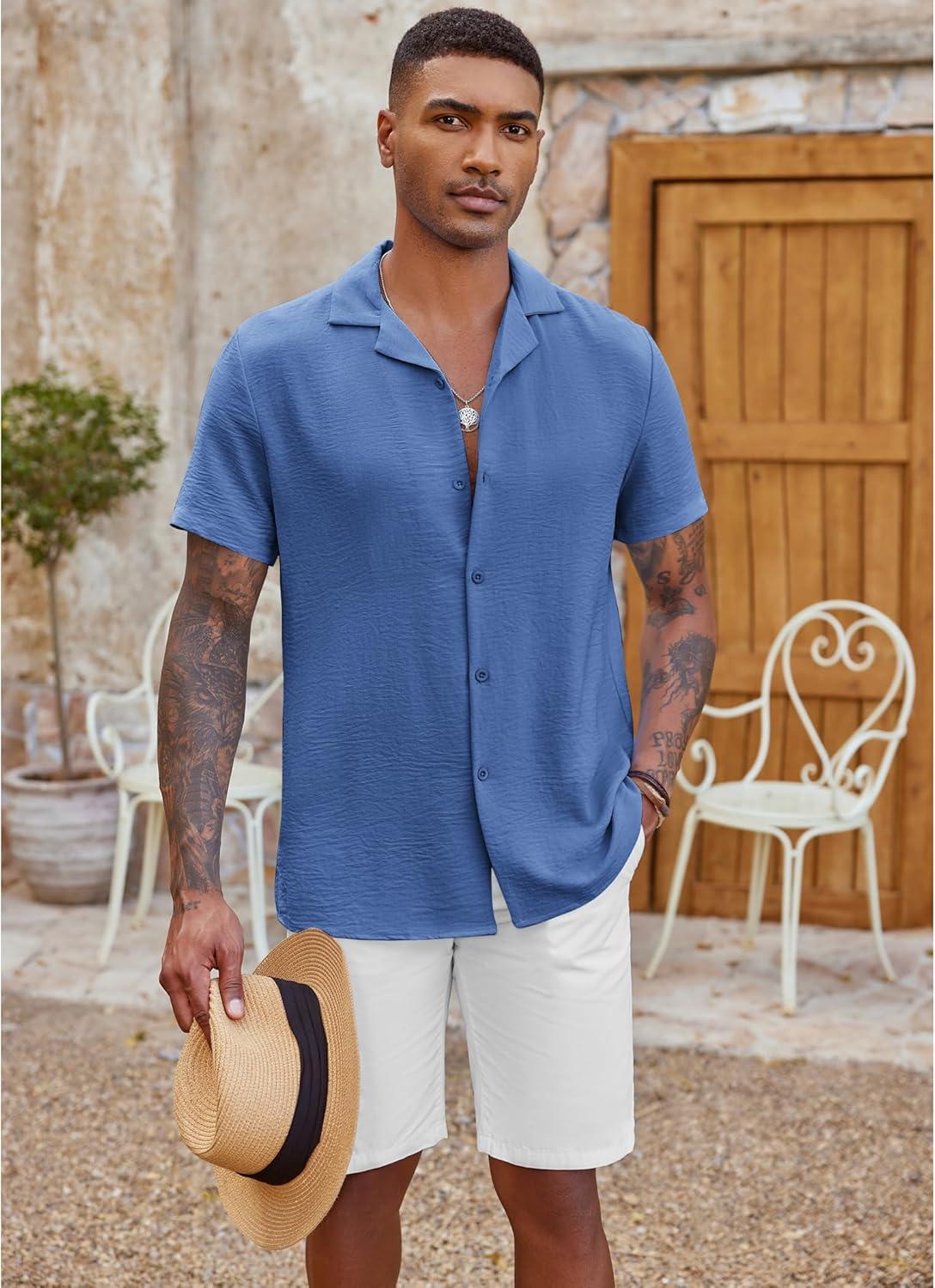 imageCOOFANDY Mens Casual Button Down Shirt Short Sleeve Textured Summer Cuban Beach ShirtsDark Blue