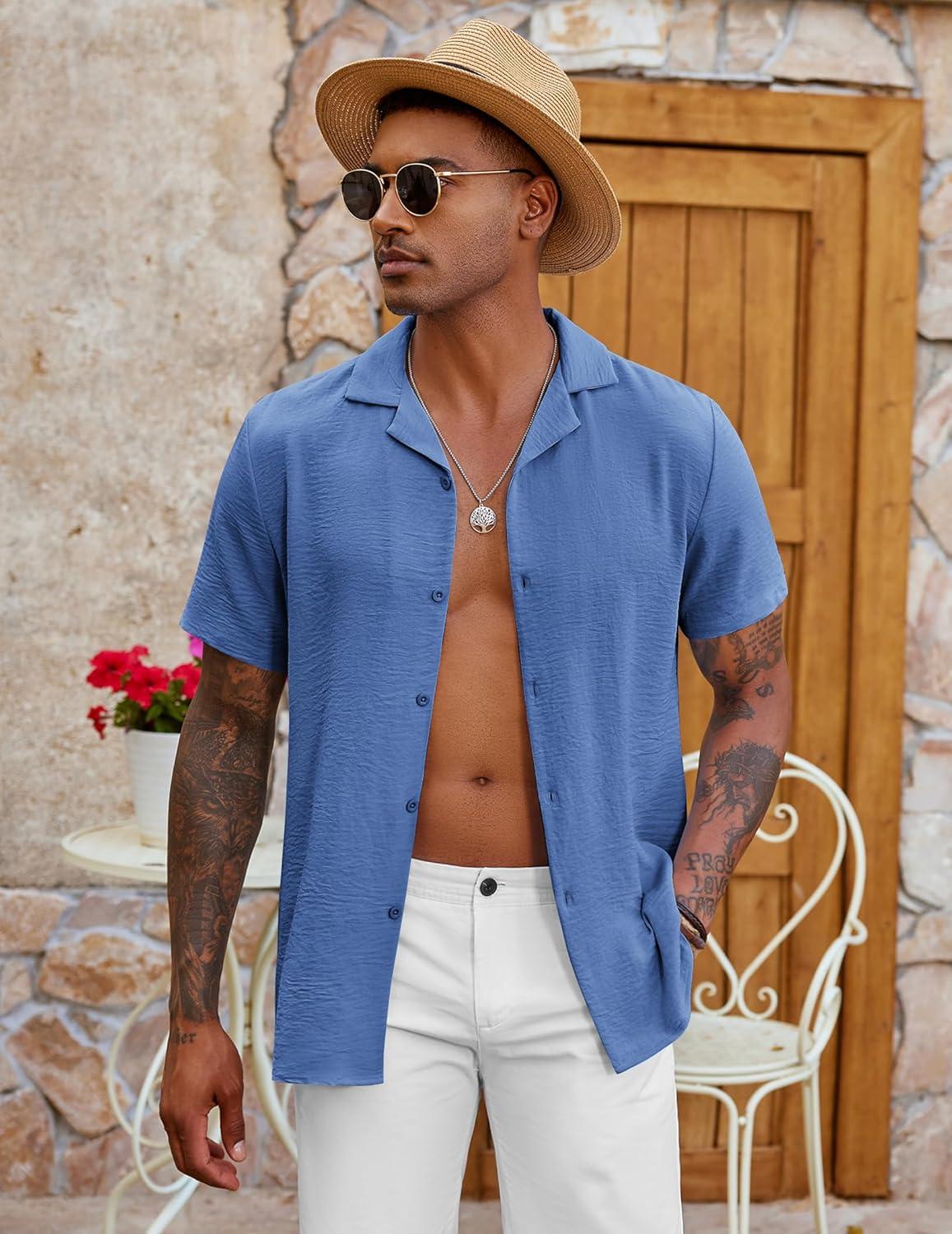 imageCOOFANDY Mens Casual Button Down Shirt Short Sleeve Textured Summer Cuban Beach ShirtsDark Blue