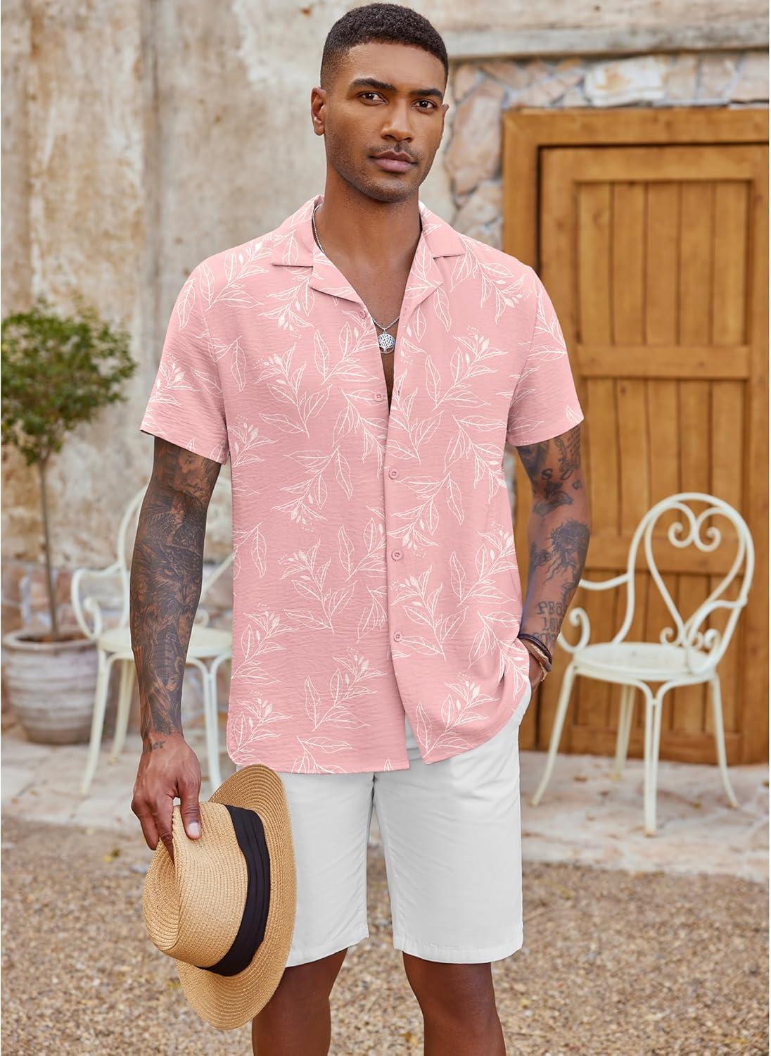 imageCOOFANDY Mens Casual Button Down Shirt Short Sleeve Textured Summer Cuban Beach ShirtsFloralpink