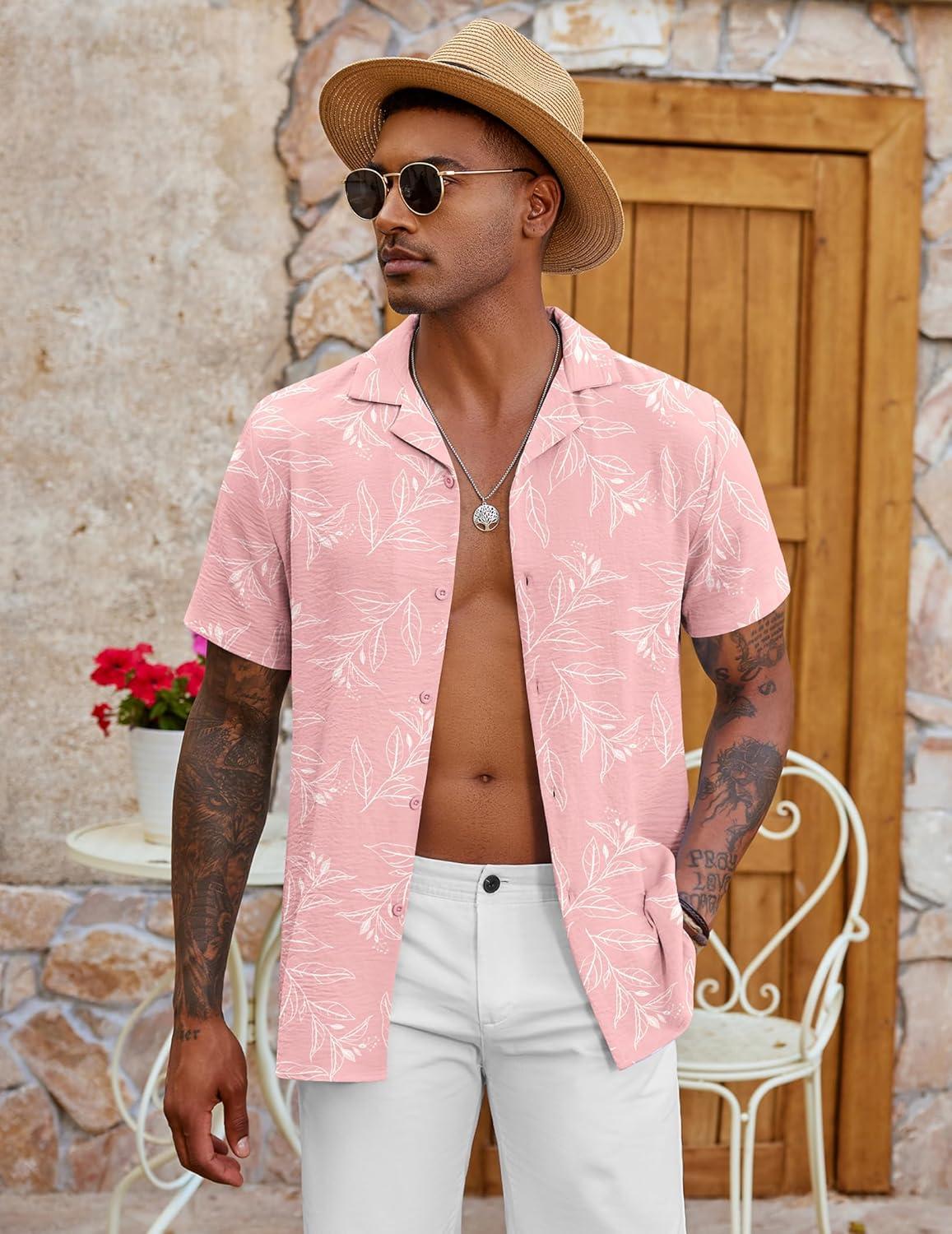 imageCOOFANDY Mens Casual Button Down Shirt Short Sleeve Textured Summer Cuban Beach ShirtsFloralpink