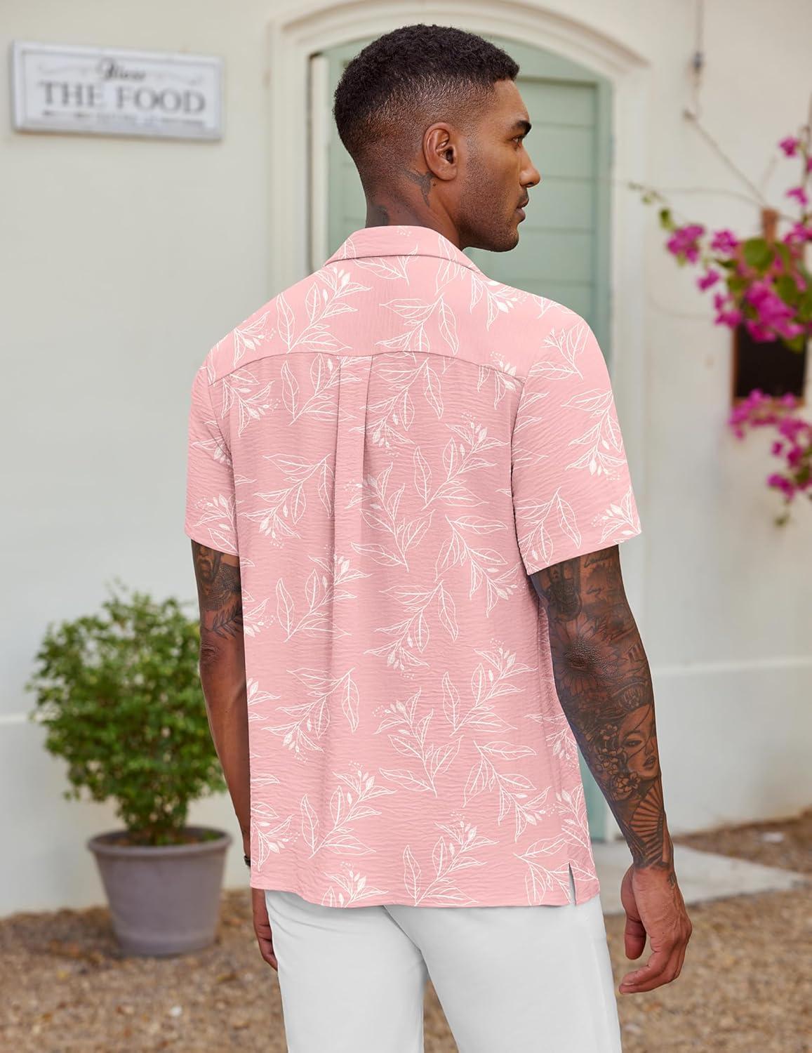 imageCOOFANDY Mens Casual Button Down Shirt Short Sleeve Textured Summer Cuban Beach ShirtsFloralpink