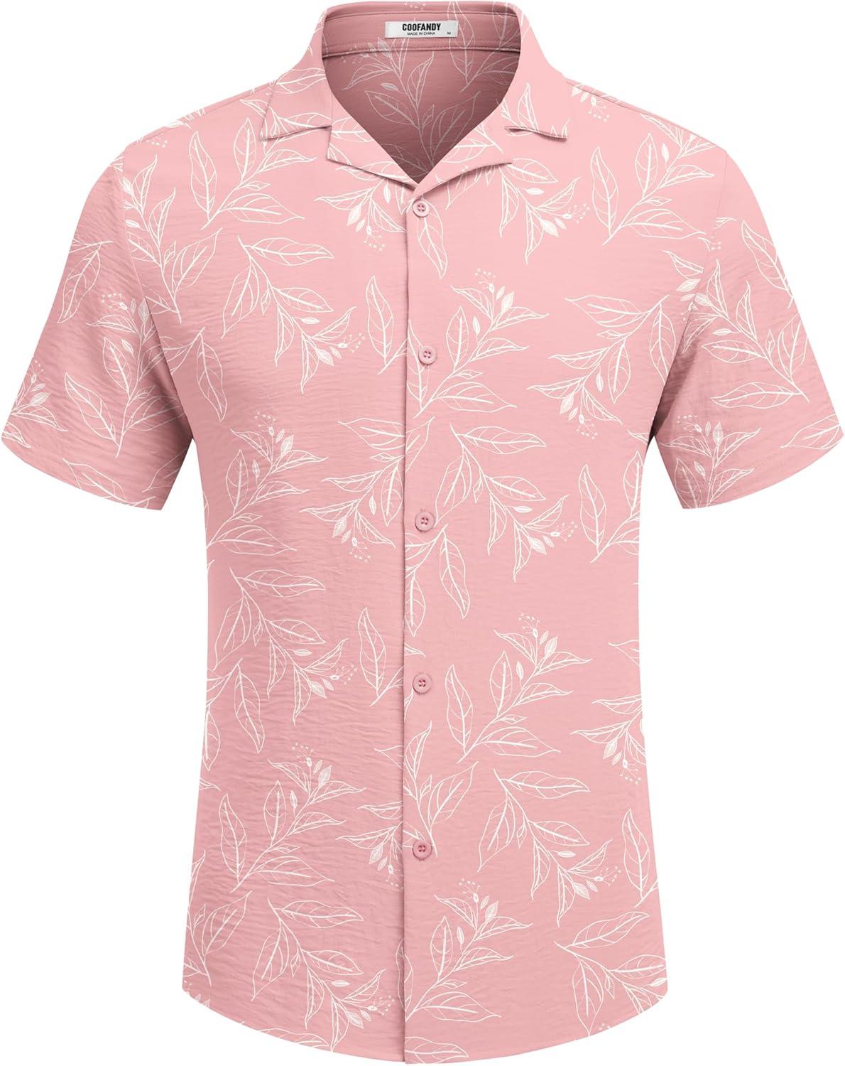 imageCOOFANDY Mens Casual Button Down Shirt Short Sleeve Textured Summer Cuban Beach ShirtsFloralpink