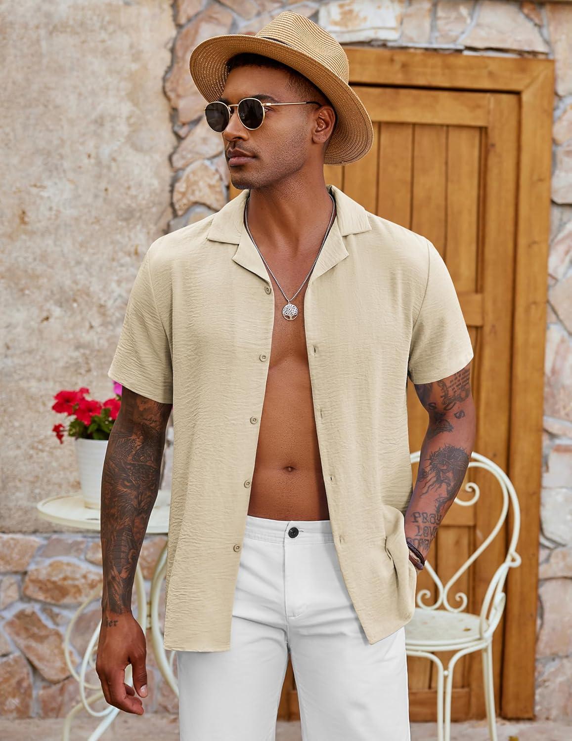 imageCOOFANDY Mens Casual Button Down Shirt Short Sleeve Textured Summer Cuban Beach ShirtsKhaki