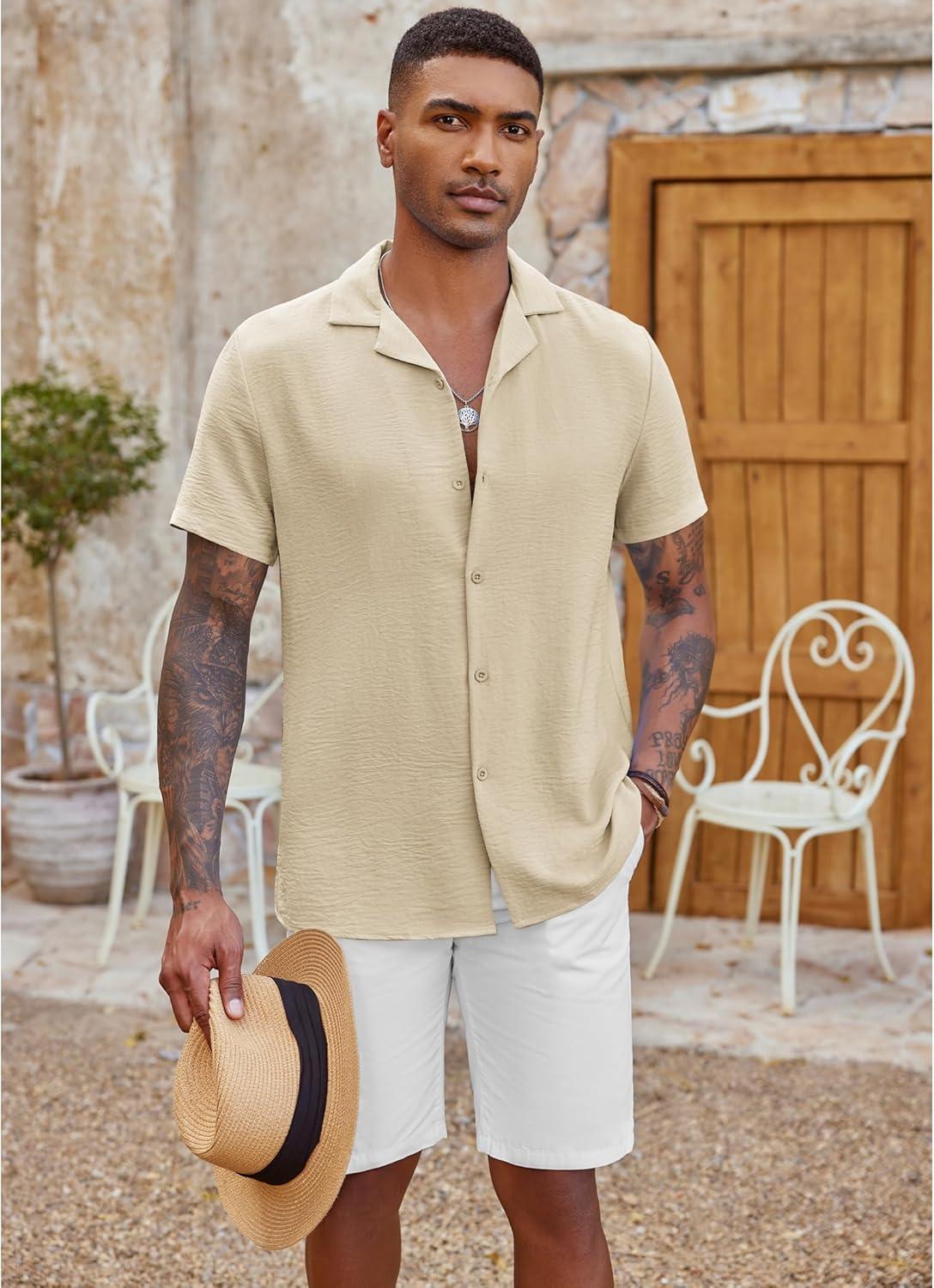 imageCOOFANDY Mens Casual Button Down Shirt Short Sleeve Textured Summer Cuban Beach ShirtsKhaki
