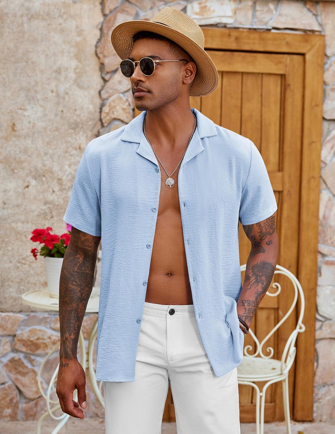 imageCOOFANDY Mens Casual Button Down Shirt Short Sleeve Textured Summer Cuban Beach ShirtsLight Blue
